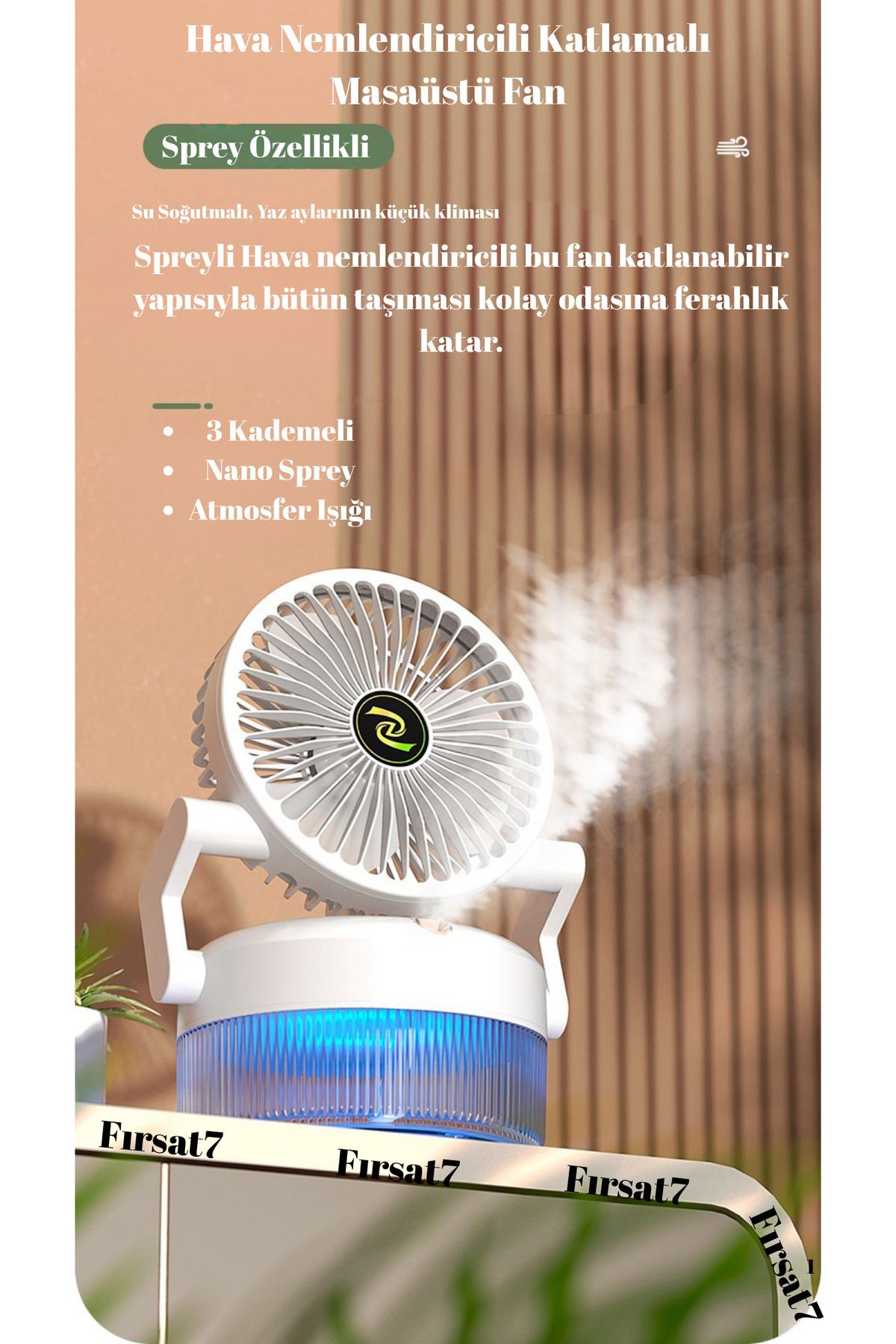 Fırsat7 USB Şarjlı 800 ML FAN Katlanabilir Hava Nemlendiricili Ledli 3 Kademeli Sessiz Masaüstü Spreyli Fan