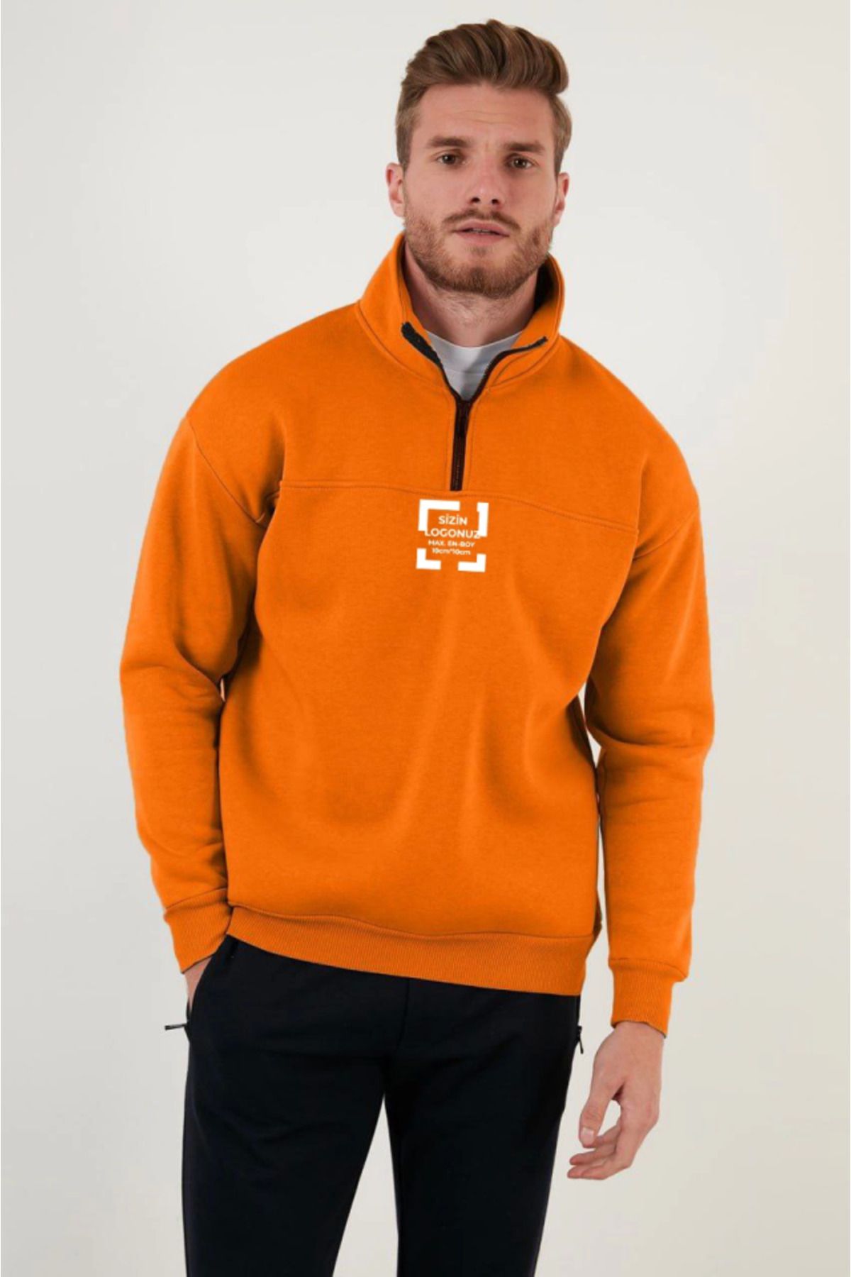 ARUZ MODA Oversize Yarım Farmuarlı Yakalı Özel Tasarım Basic SweatShirt - Turuncu