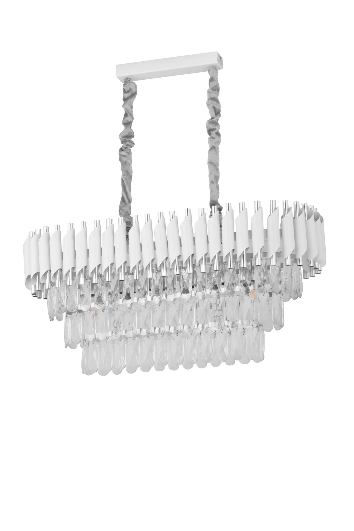 Avizemoda Palmira 75x35 Cm'lik 3 Katlı Prizma Kesim Kristal Taşlı Lüks Avize 6'lı - (Beyaz Krom)