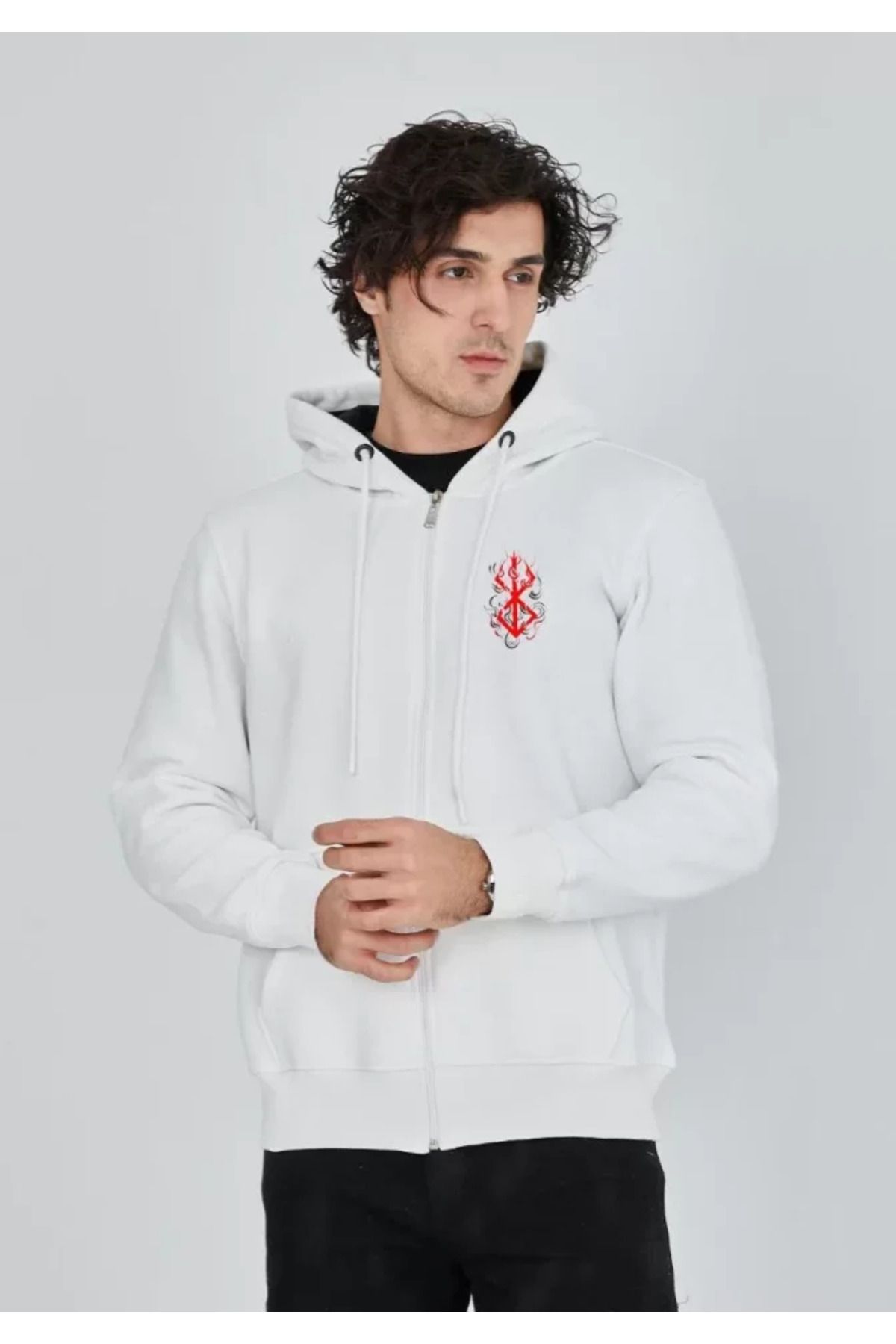 ARUZ MODA Unisex Baskılı Tam Fermuarlı Kapşonlu SweatShirt - Beyaz