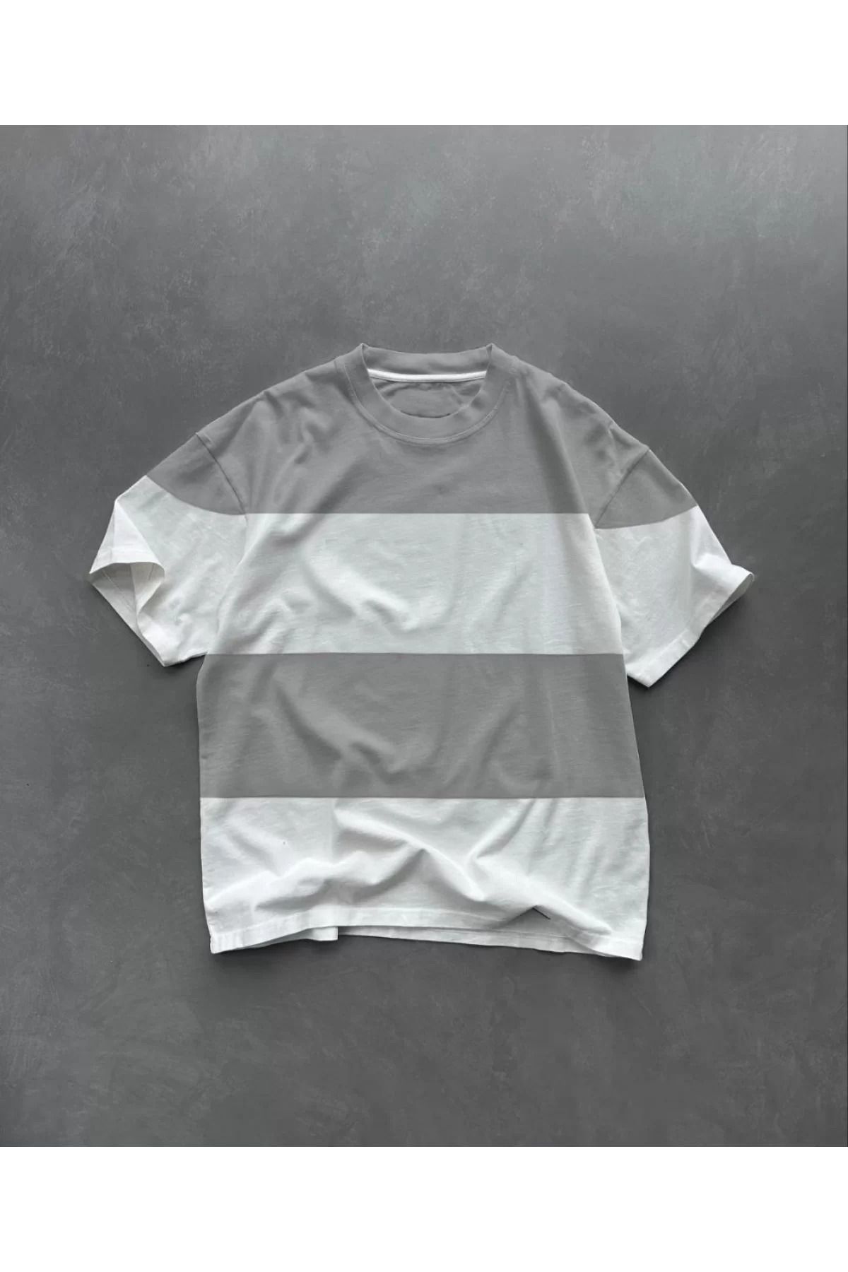 İndigo Park Oversize erkek tişört Unisex Bisiklet Yaka Parçalı T-Shirt