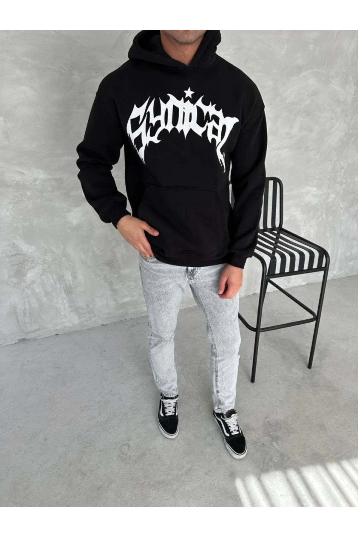 ARUZ MODA Unisex Üç İplik Kapşonlu Baskılı SweatShirt - Siyah