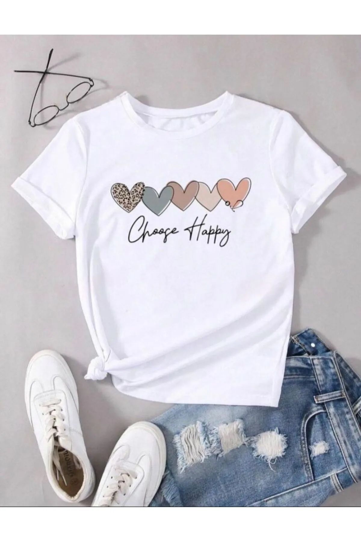 Trend Sizde Unisex Pamuklu Choose Happy Kalp Ön Baskılı Tasarım Tshirt