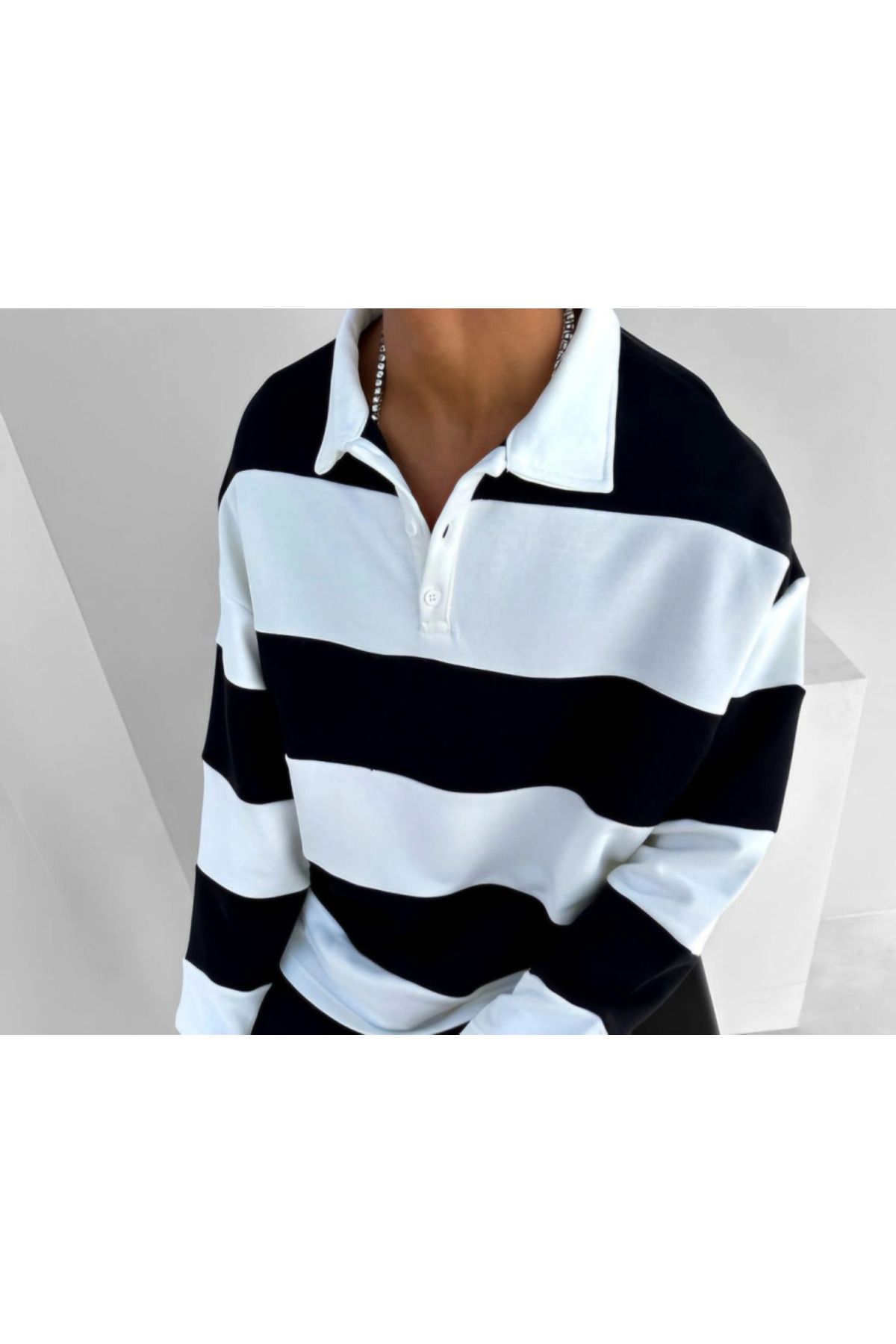 ARUZ MODA Unisex Üç İplik Parçalı Yakalı SweatShirt - Siyah