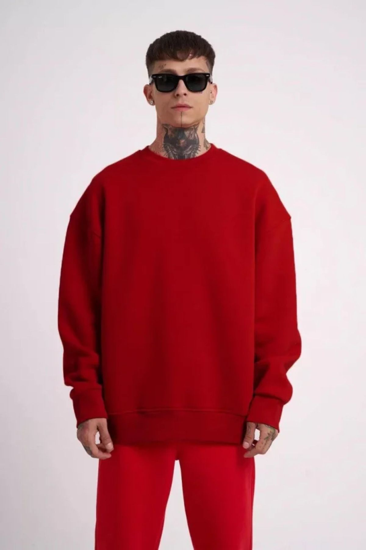 ARUZ MODA Unisex Biskilet Yaka Üç İplik SweatShirt - Kırmızı
