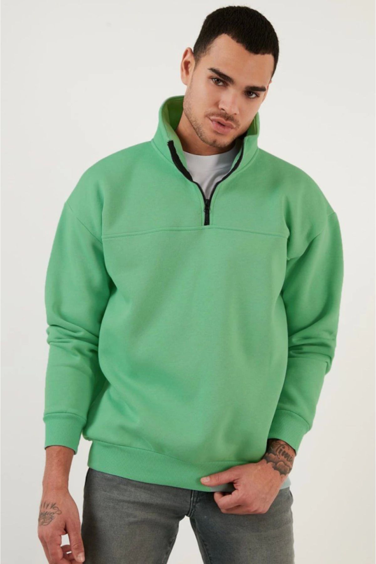 ARUZ MODA Oversize Yarım Farmuarlı Yakalı Basic SweatShirt - Yeşil