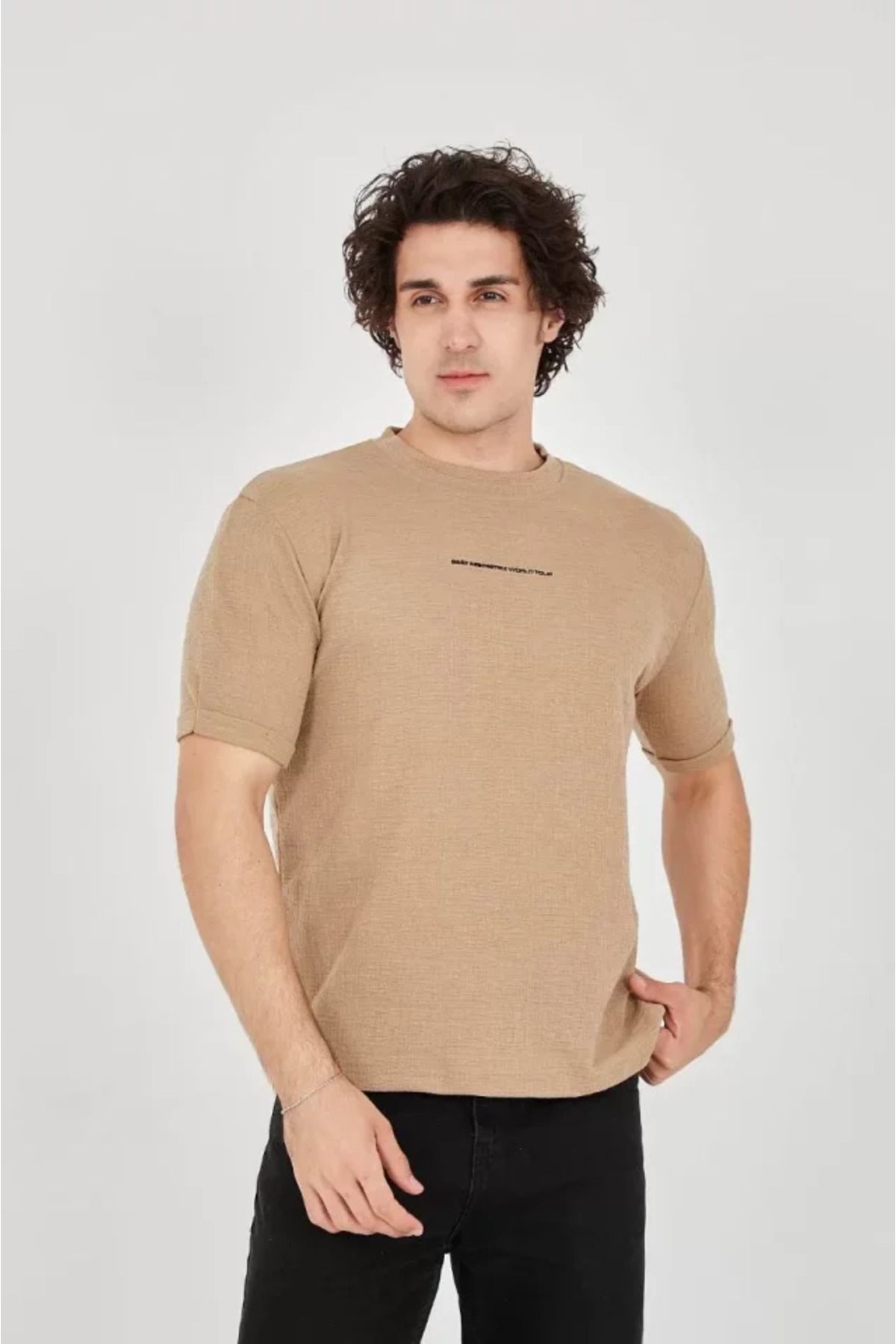 ARUZ MODA Unisex Jakar Kumaş Slim Fit T-Shirt - Kahverengi