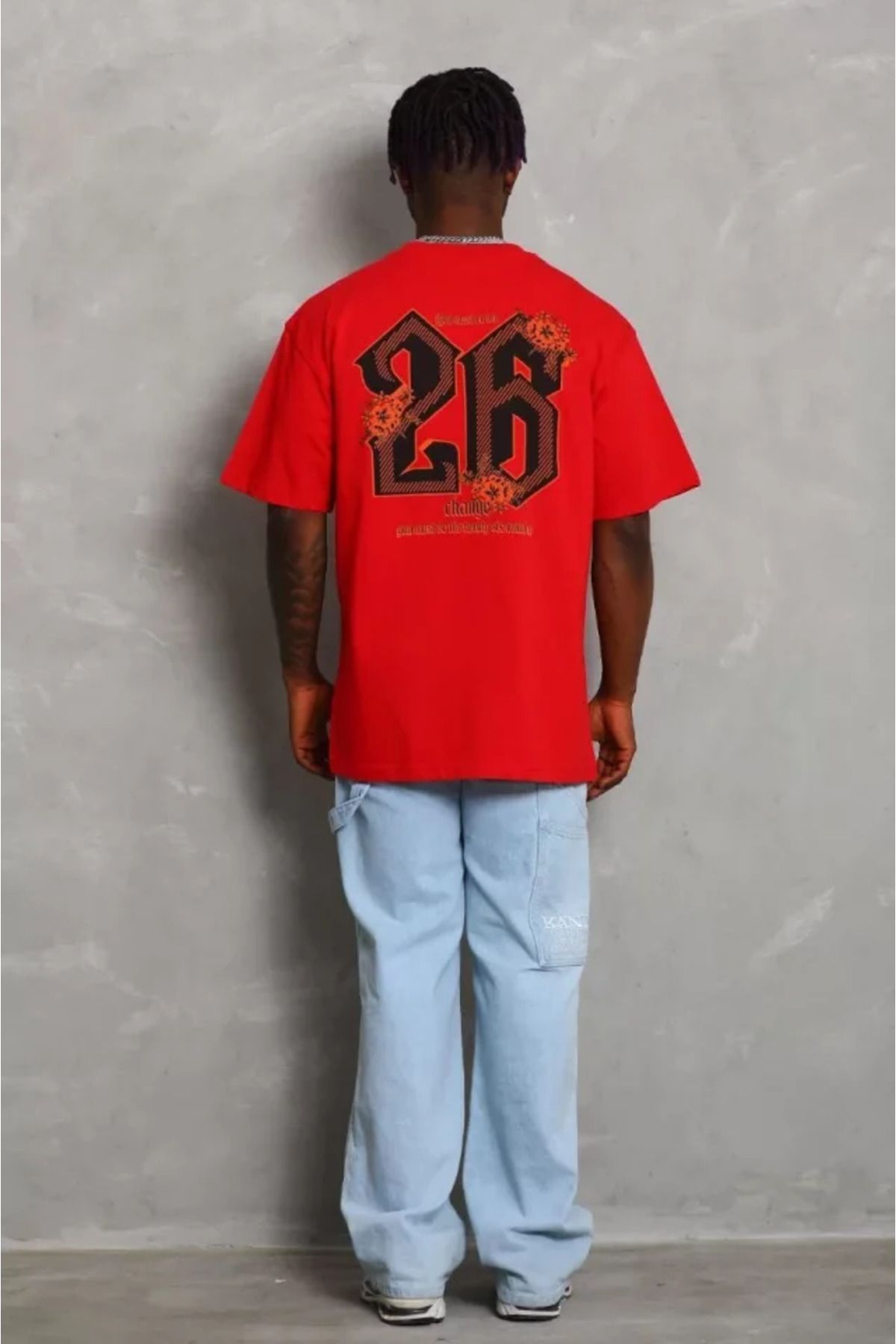 ARUZ MODA Unisex Oversize Baskılı Bisiklet Yaka T-Shirt - Kırmızı