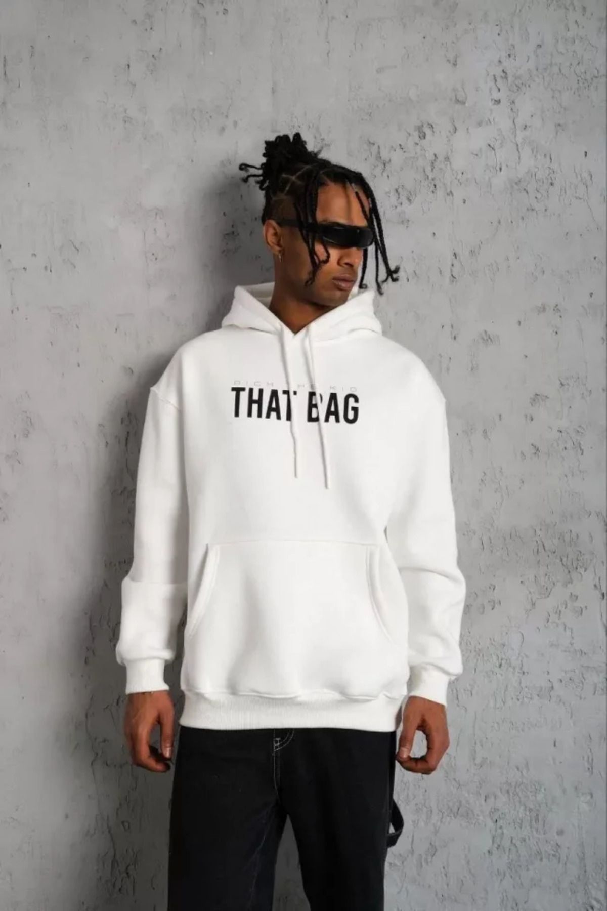 ARUZ MODA Erkek Kanguru Cep Baskılı Kapüşonlu Sweatshirt - Beyaz