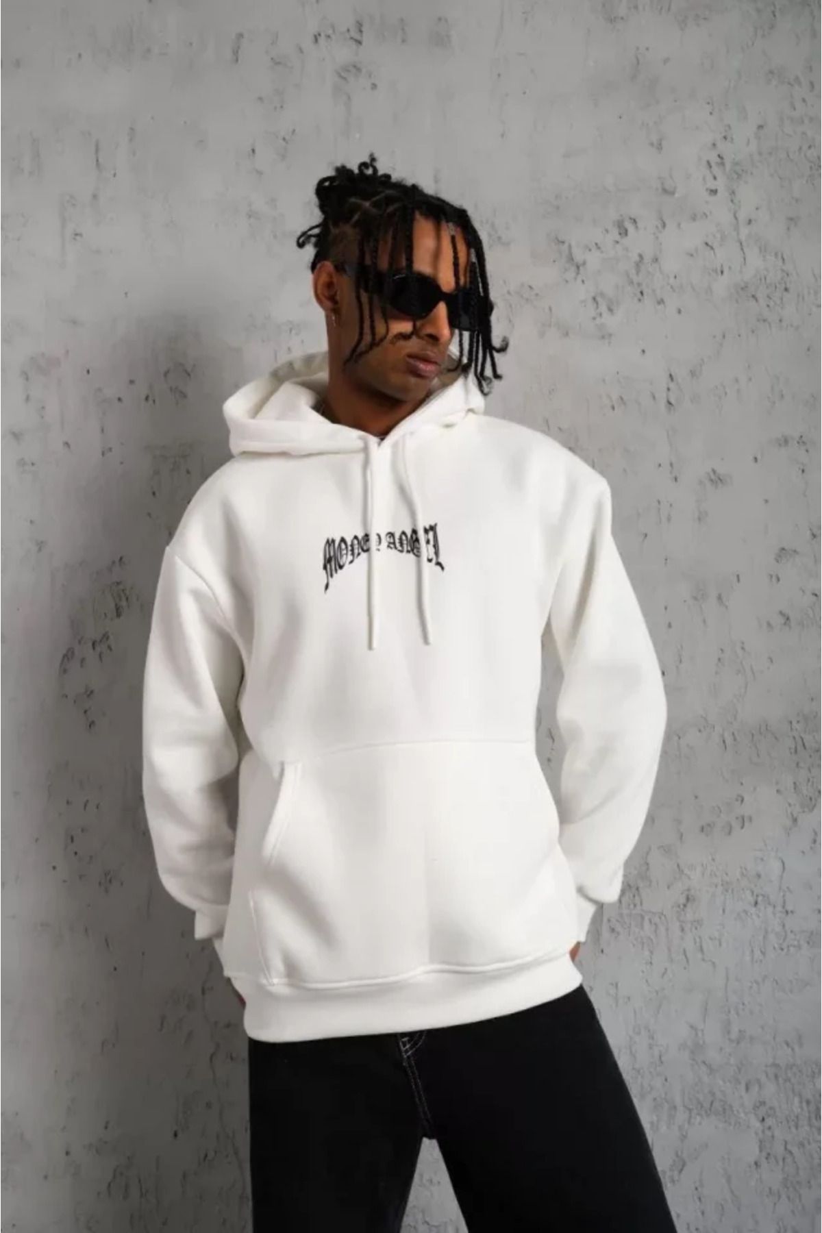 ARUZ MODA Erkek Kordon İpli Baskılı Kapüşonlu Sweatshirt - Beyaz
