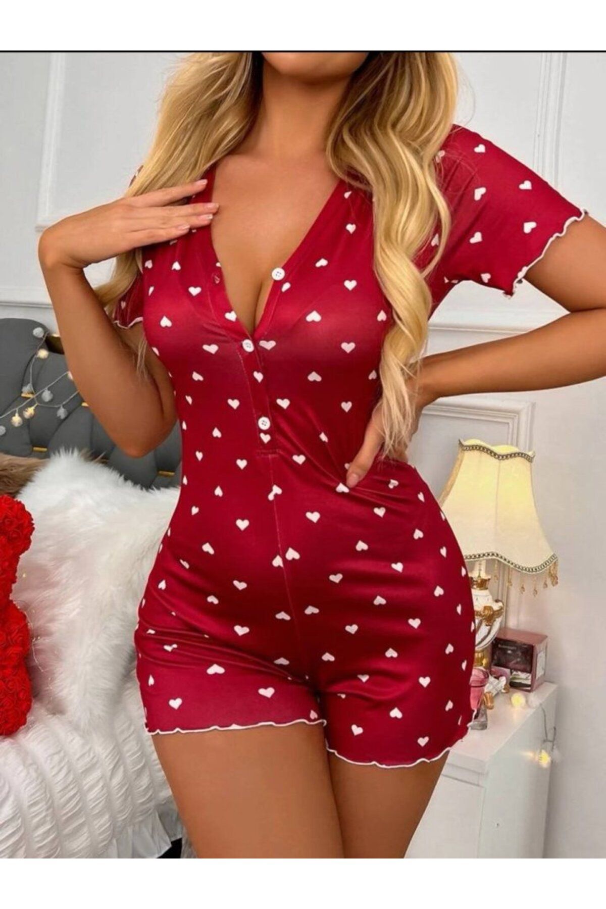 ARUZ MODA Kadın Göğüs Dekolteli Pinterest Kalp Desen Full Likralı şort Tulum