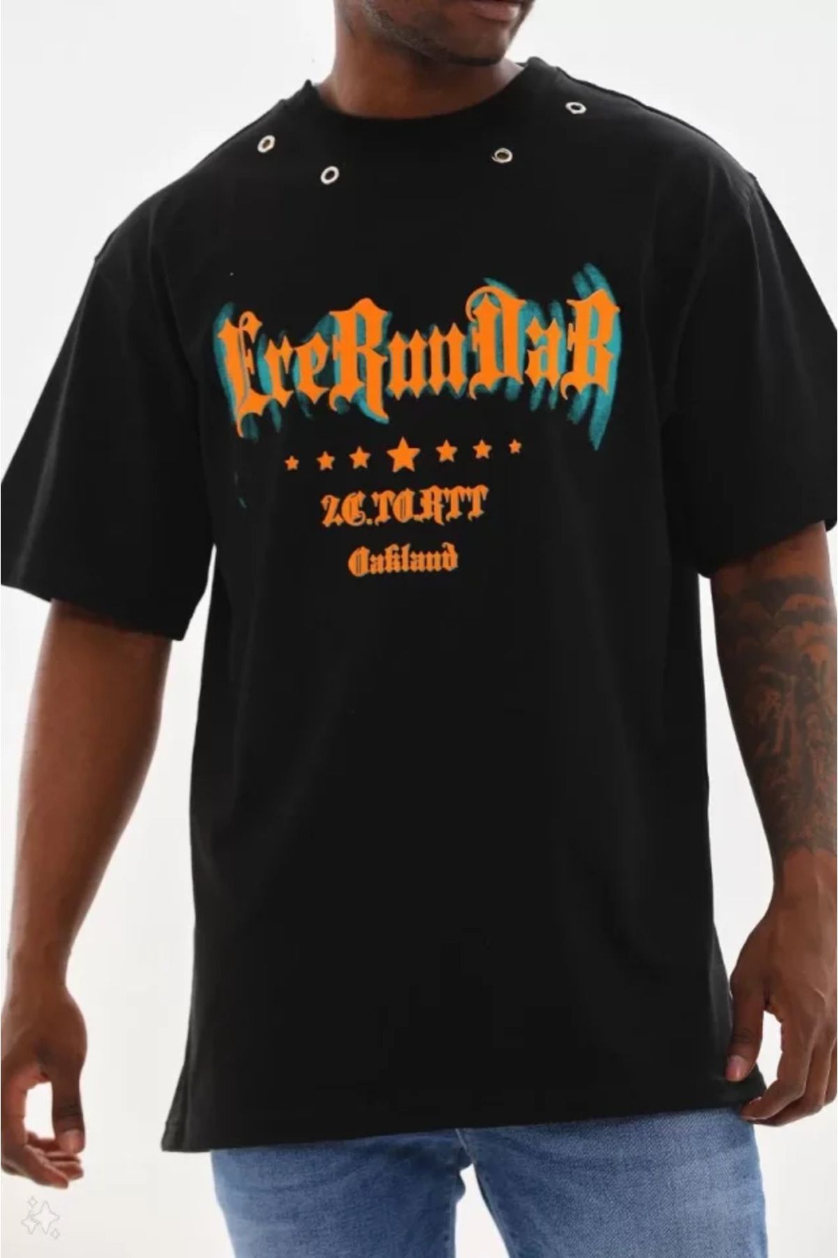 ARUZ MODA Unisex Kuşgözü Detaylı Baskılı Oversize T-Shirt - Siyah