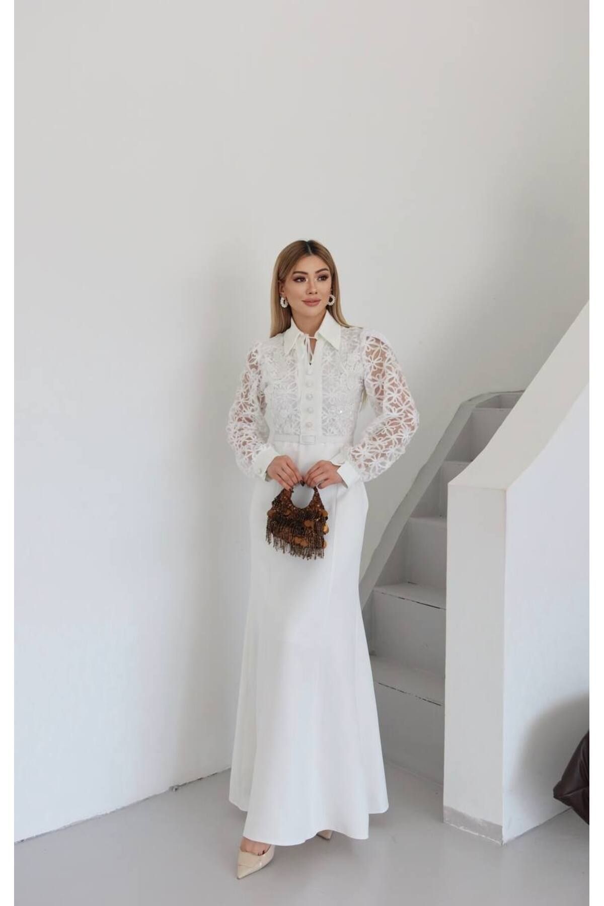 Castivo Fashion Dantel Kol Detaylı Uzun Balık Elbise