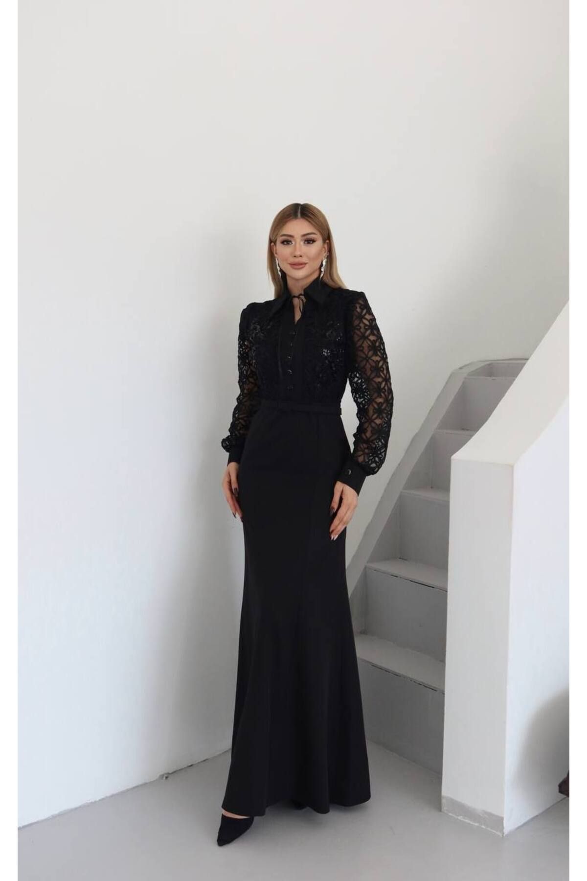 Castivo Fashion Dantel Kol Detaylı Uzun Balık Elbise
