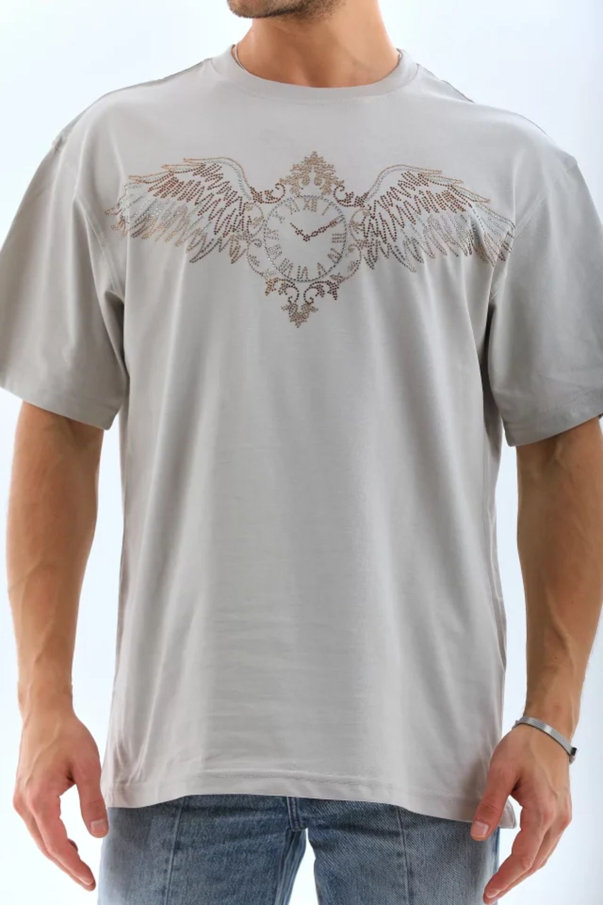 ARUZ MODA Unisex Oversize Taşlı Bisiklet Yaka T-Shirt - Gri