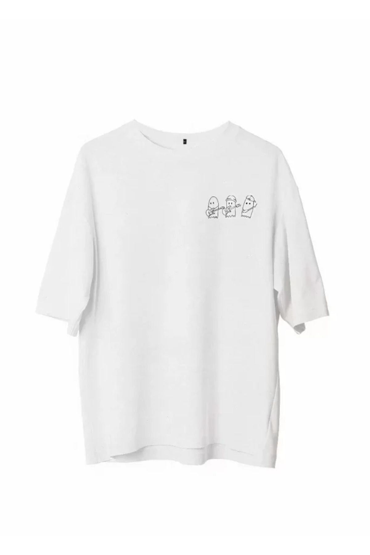 ARUZ MODA Unisex Bisiklet Yaka Baskılı Oversize T-Shirt - Beyaz
