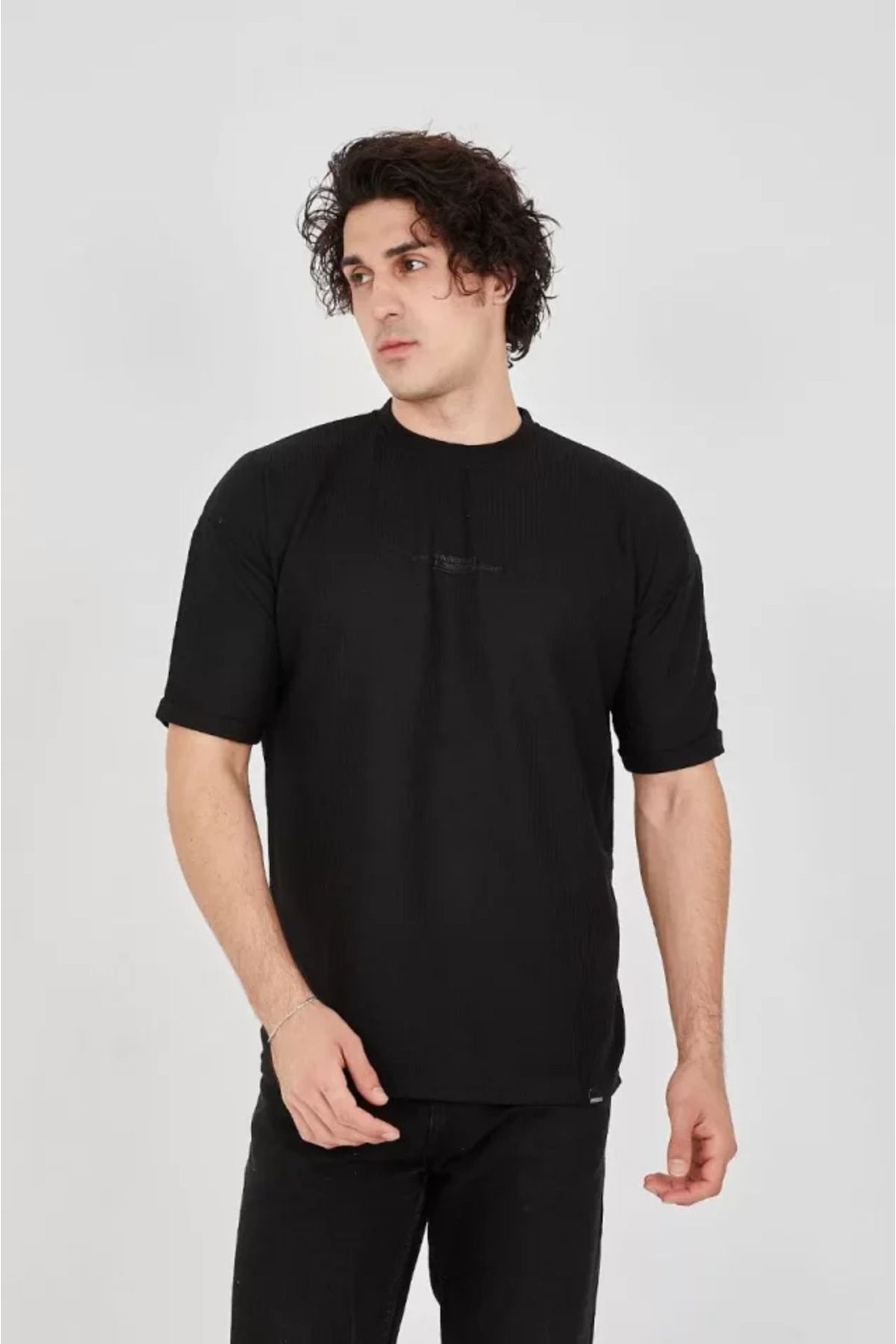 ARUZ MODA Unisex Waffle Kumaş Rahat Kol T-Shirt - Siyah