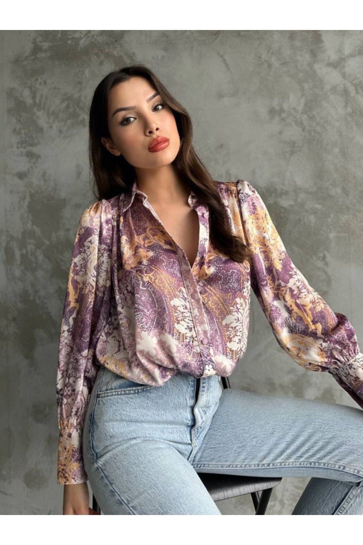 ARUZ MODA Desenli Dökümlü Saten Gömlek