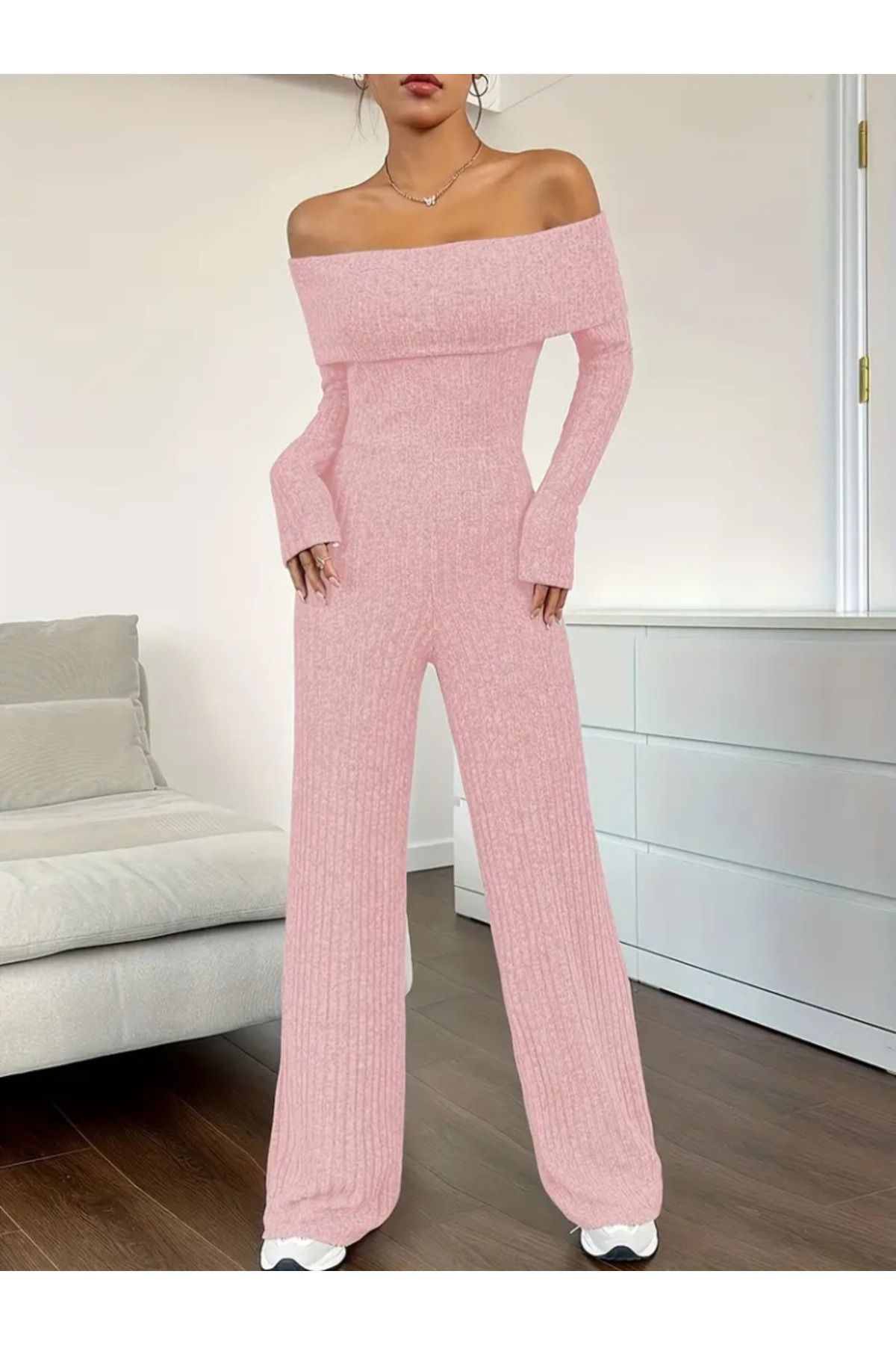 ARUZ MODA Kadın Uzun Kollu Madonna Yaka şardonlu Kaşkorse Tulum