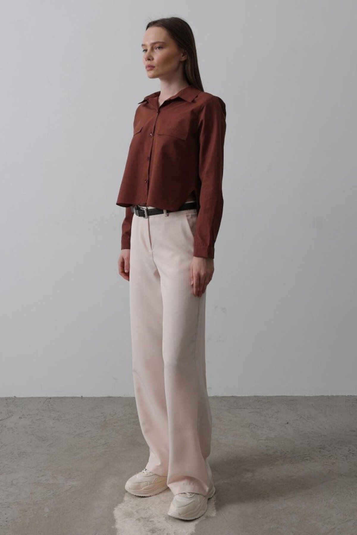 ARUZ MODA Kemerli Palazzo Pantolon - Pudra