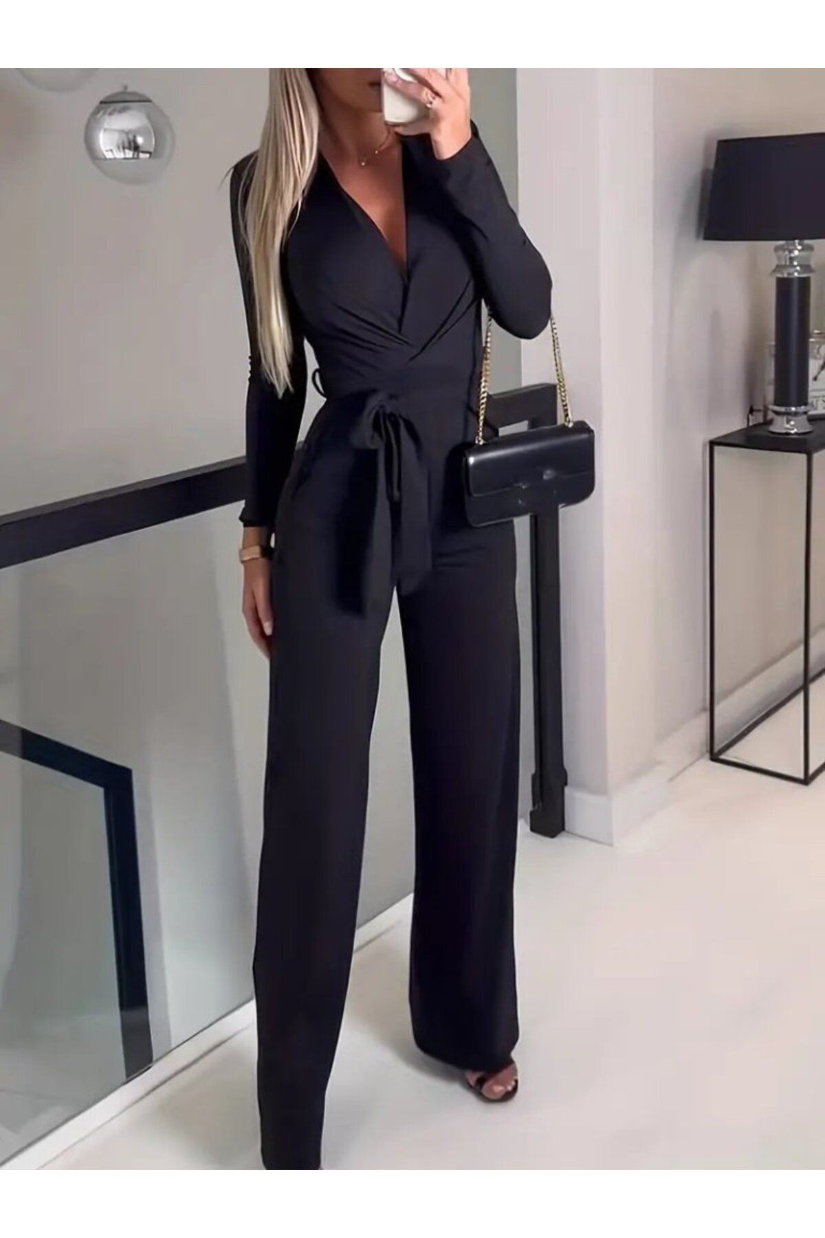 ARUZ MODA Kadın Uzun Kollu Kruvaze Yaka Belden Kuşaklı Ithal Krep Tulum