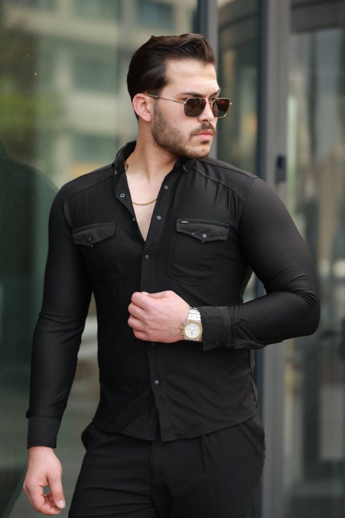 ARUZ MODA Erkek çift Cepli çıtçıt Düğmeli Uzun Kollu Gömlek
