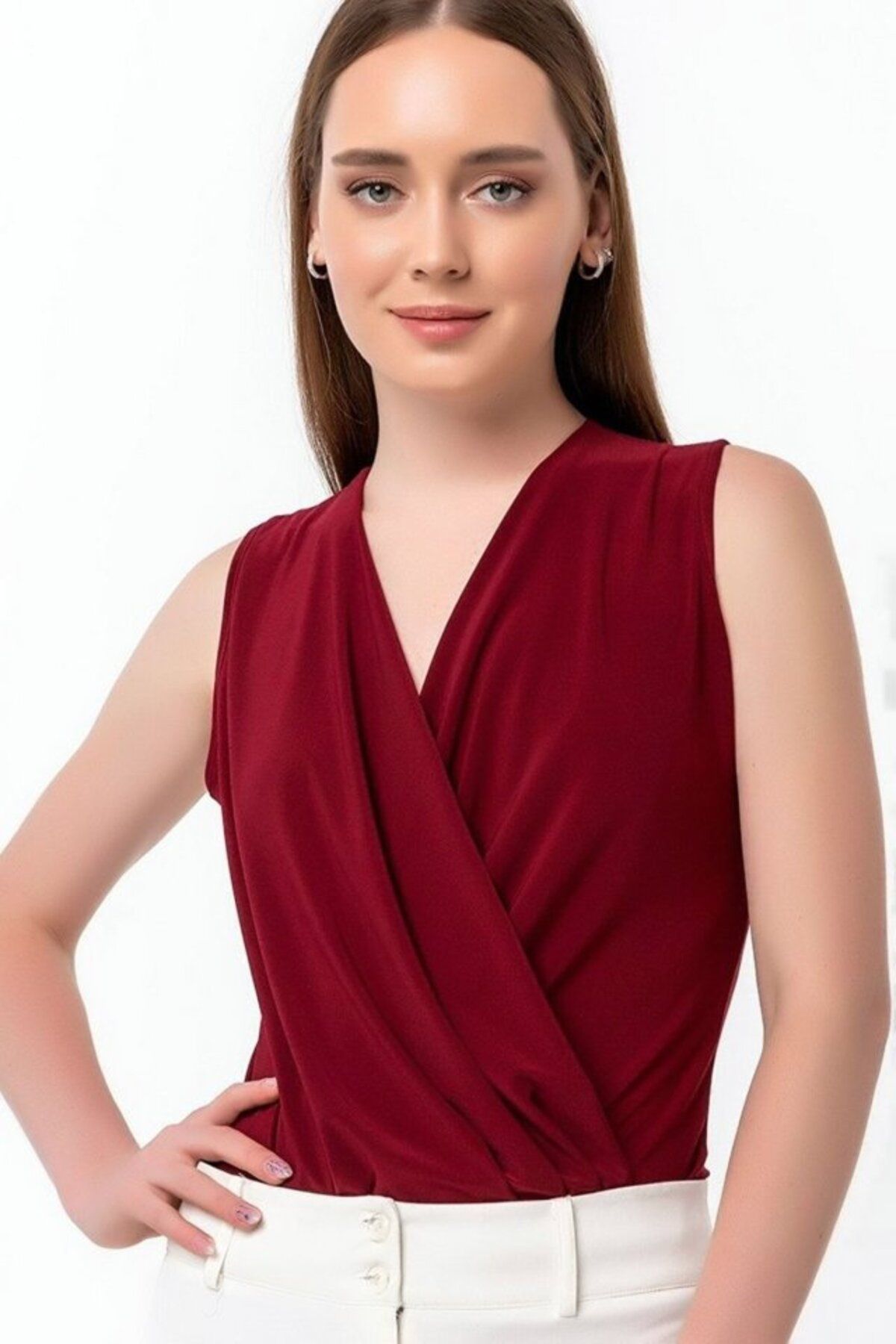 ARUZ MODA Kadın Sendy Kumaş Kruvaze Yaka Vatkalı Bluz