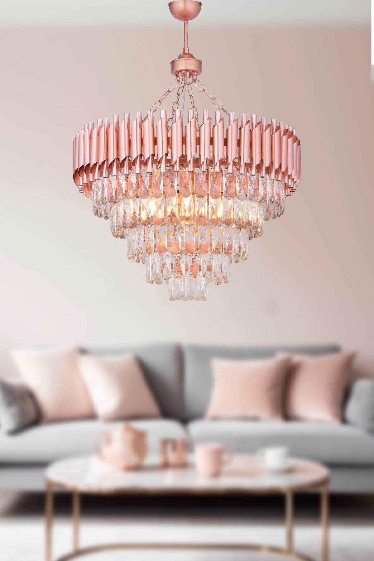 Avizemoda Palmira 60 cm'lik Kristal Taşlı Salon Oturma Odası Lüks Avize - (Rose Gold)