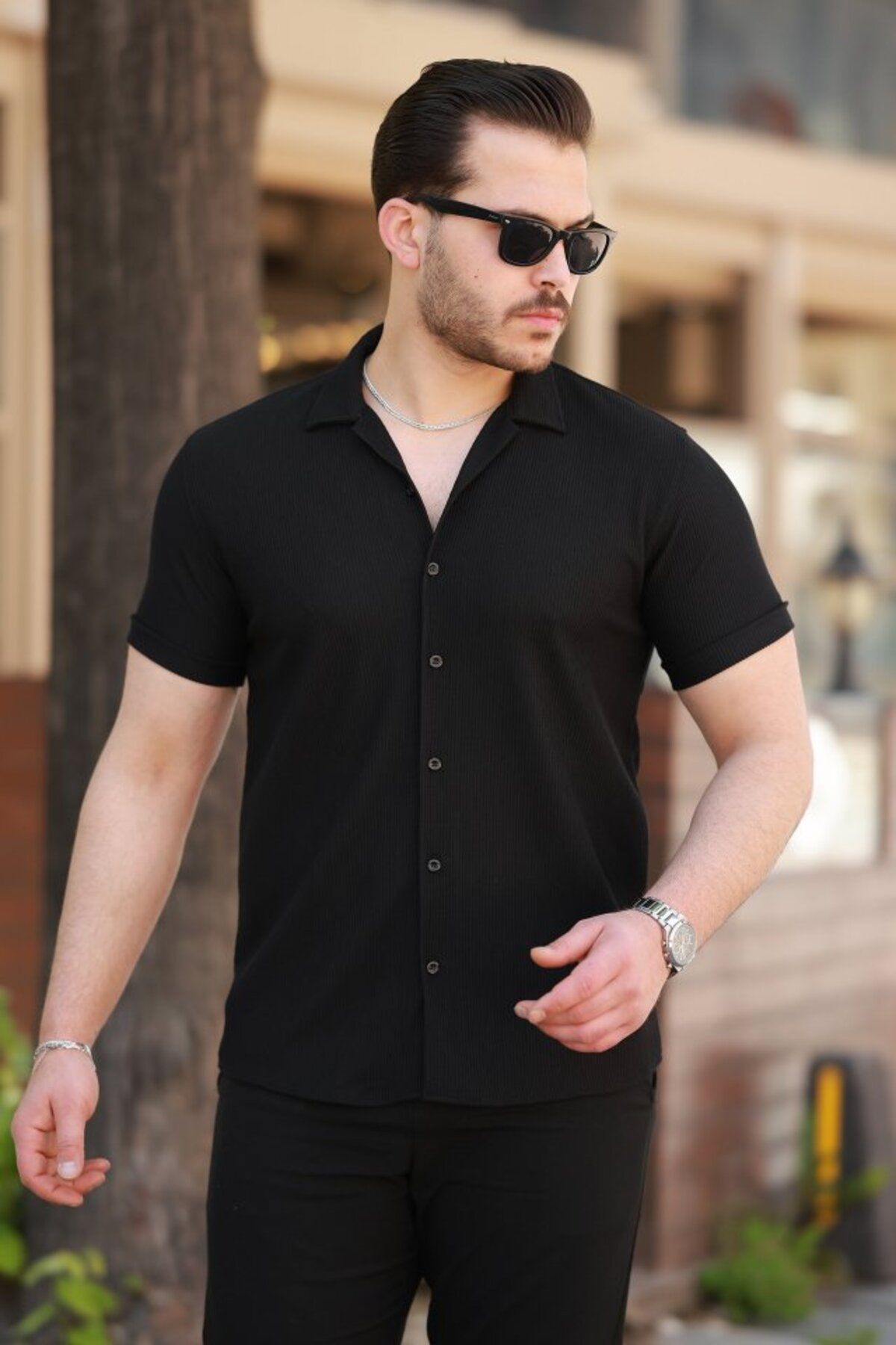 ARUZ MODA Erkek Ottoman Kumaş Apaj Yaka Kısa Kollu Gömlek