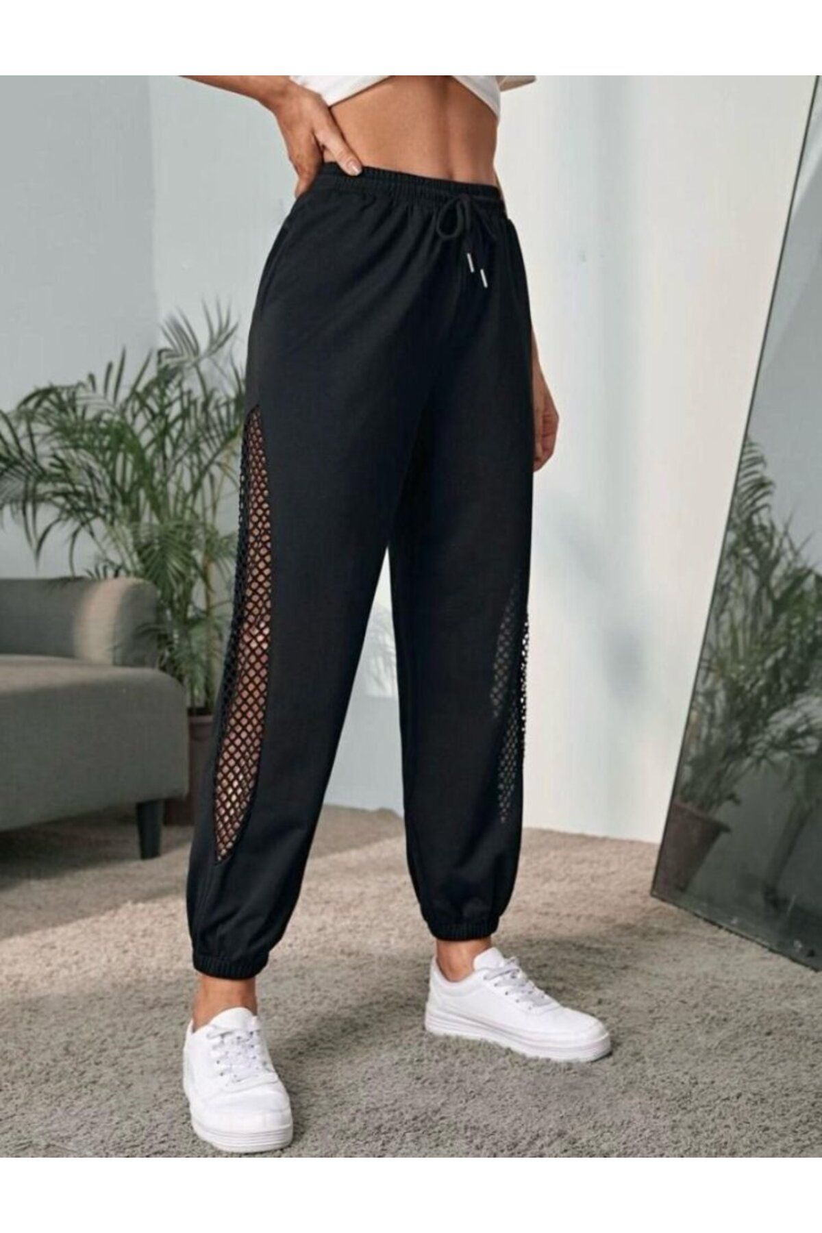 ARUZ MODA Kadın Yüksek Bel Yanı Kuşgözu Transparan Detay Eşofman Altı