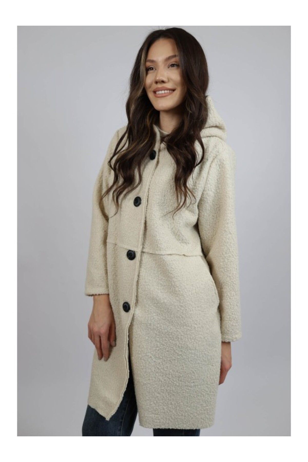 FASHIONLAND-JIANNA HOODED MIDI COAT WITH POCKET UNLINED BUTTON CLOSURE ONE SIZE Ivory 2