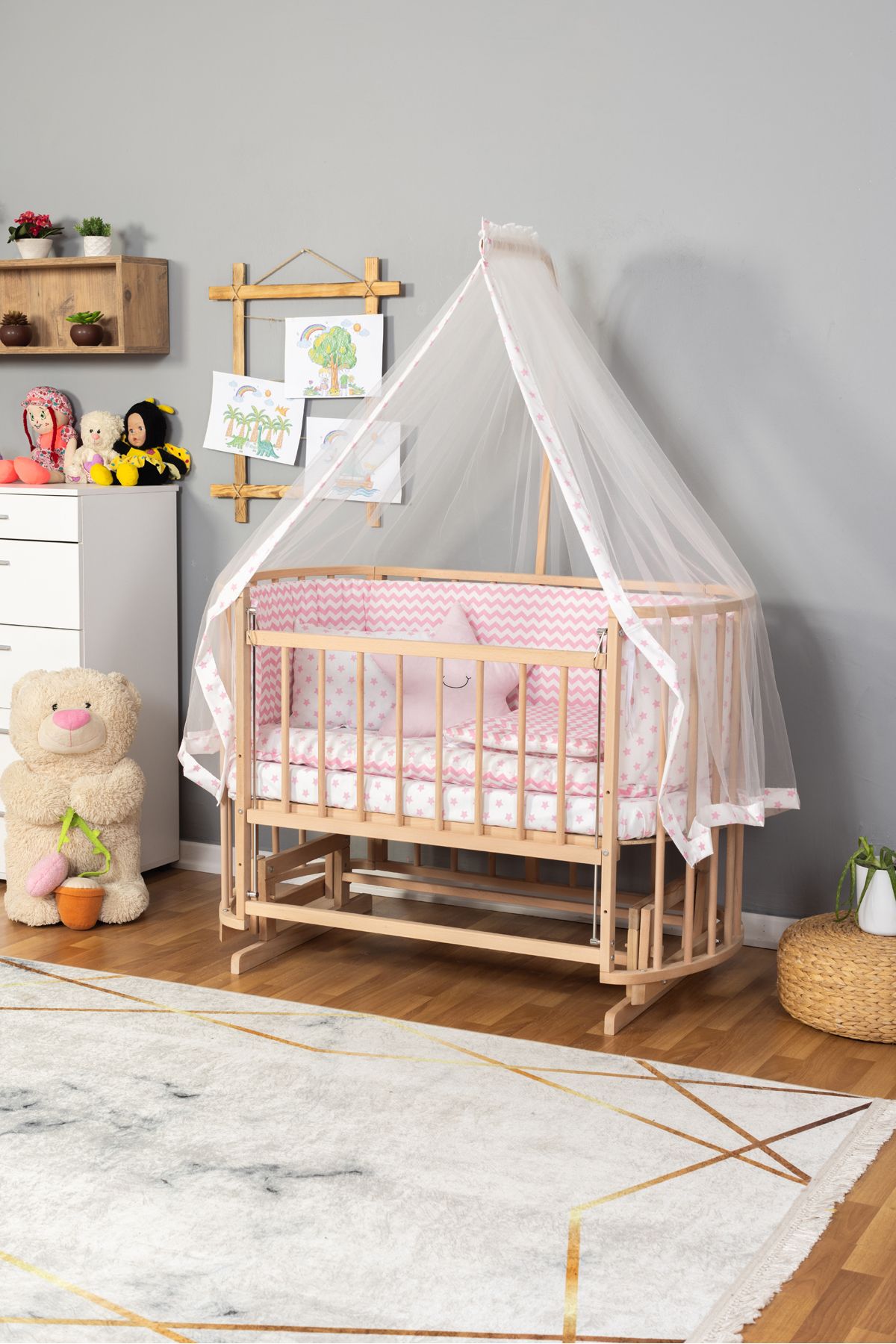 Carino Wins Ahşap Beşik Anne Yanı Yeni Doğan Papatya Organik Bebek Beşiği PEMPE YILDIZ UYKU SETLİ