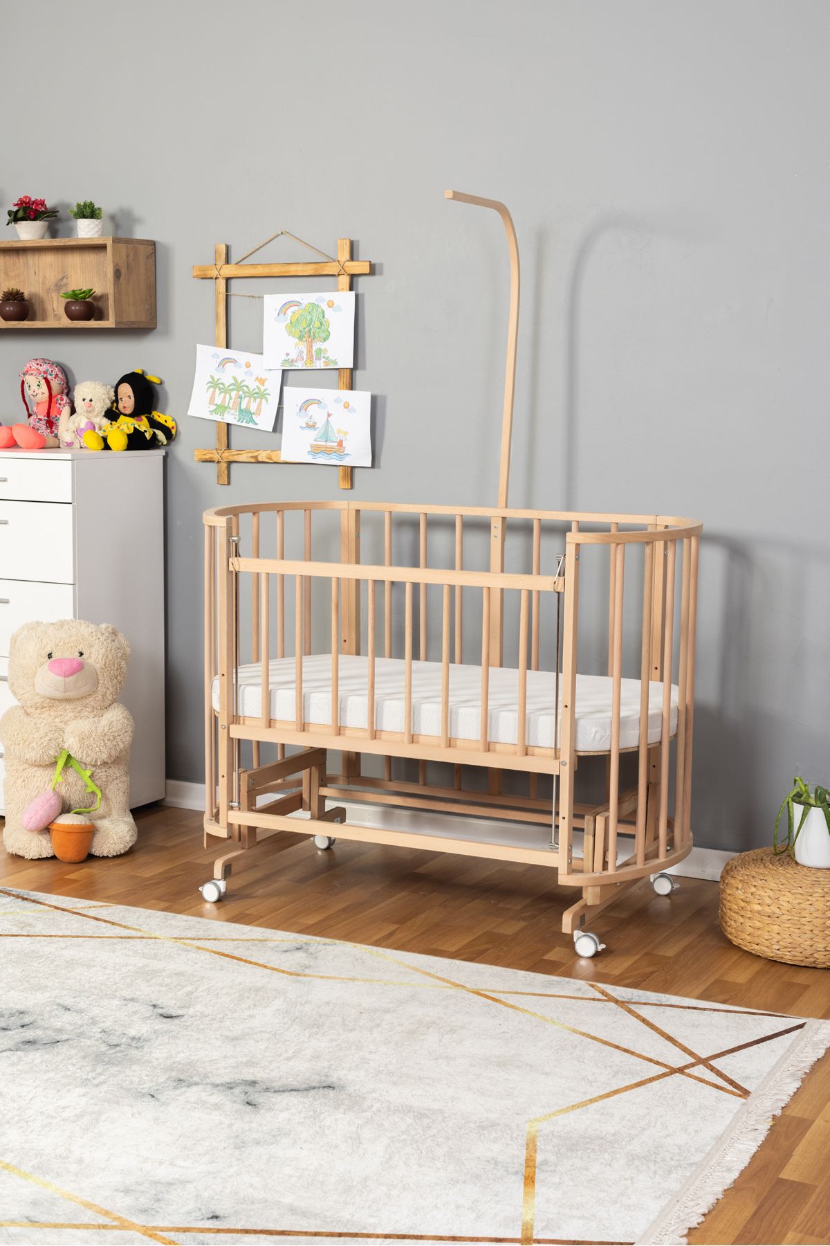 Carino Wins Ahşap Beşik Anne Yanı Yeni Doğan Papatya Organik Bebek Beşiği TEK YATAK + TEKERLEKLİ