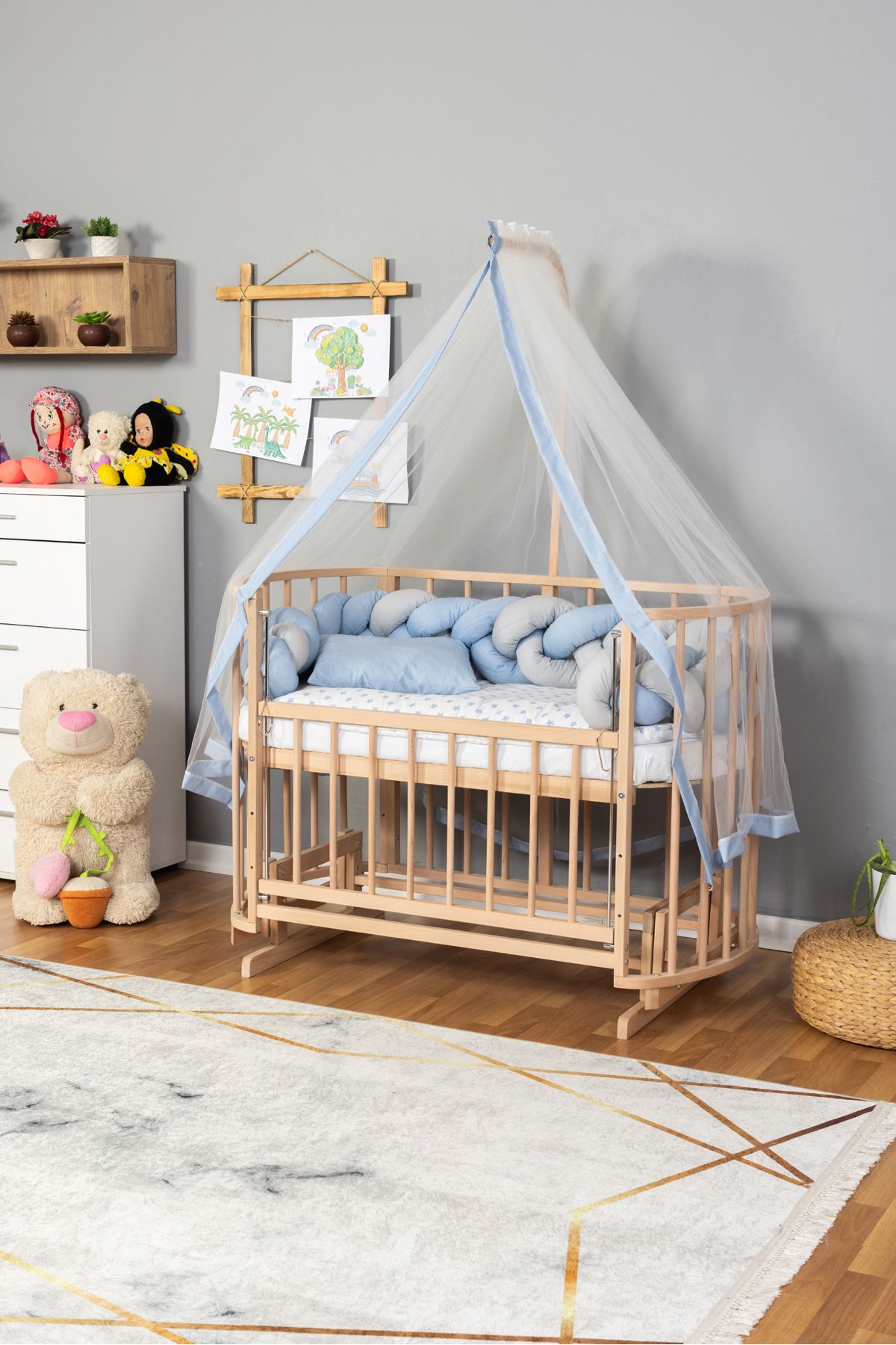 Carino Wins Ahşap Beşik Anne Yanı Yeni Doğan Papatya Organik Bebek Beşiği MAVİ GRİ ÖRGÜ UYKU SETLİ