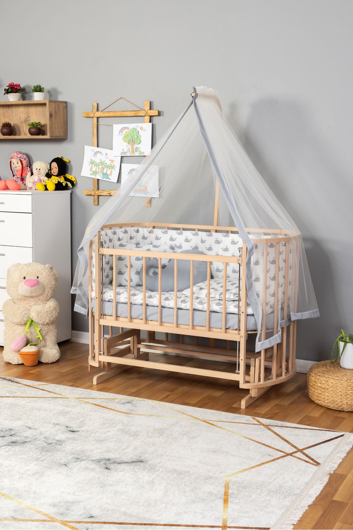 Carino Wins Ahşap Beşik Anne Yanı Yeni Doğan Papatya Organik Bebek Beşiği GRİ BALİNA UYKU SETLİ