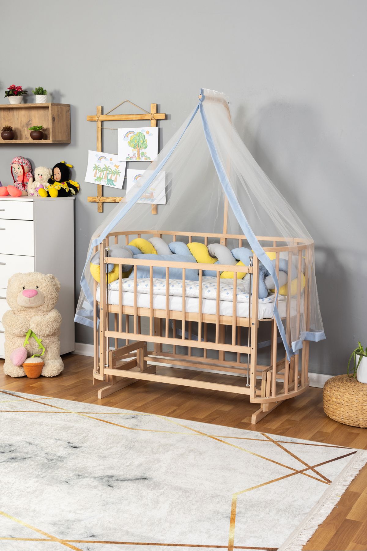 Carino Wins Ahşap Beşik Anne Yanı Yeni Doğan Papatya Organik Bebek Beşiği MAVİ SARI ÖRGÜ UYKU SETLİ