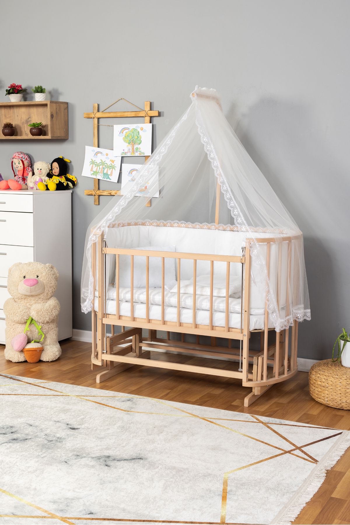 Carino Wins Ahşap Beşik Anne Yanı Yeni Doğan Papatya Organik Bebek Beşiği BEYAZ GÜPÜR UYKU SETLİ