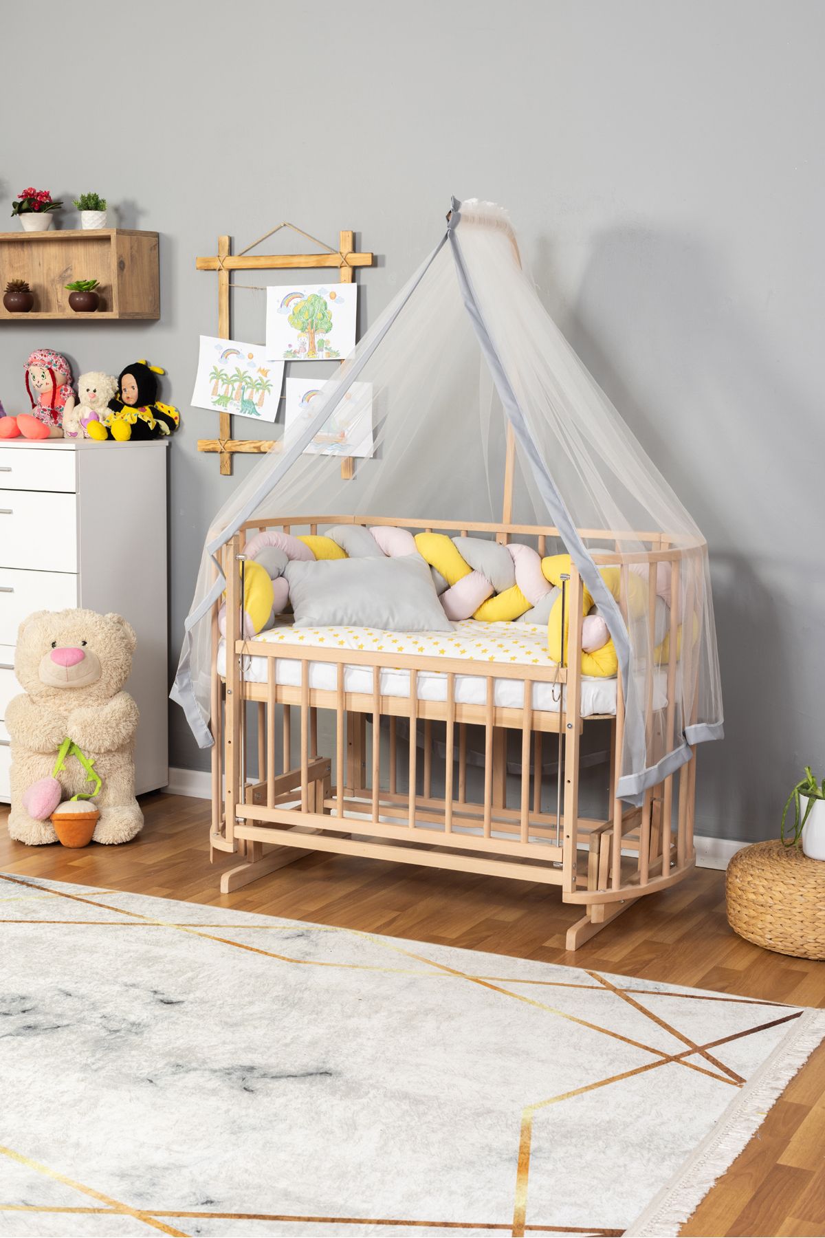 Carino Wins Ahşap Beşik Anne Yanı Yeni Doğan Papatya Organik Bebek Beşiği SARI PEMBE ÖRGÜ UYKU SETLİ