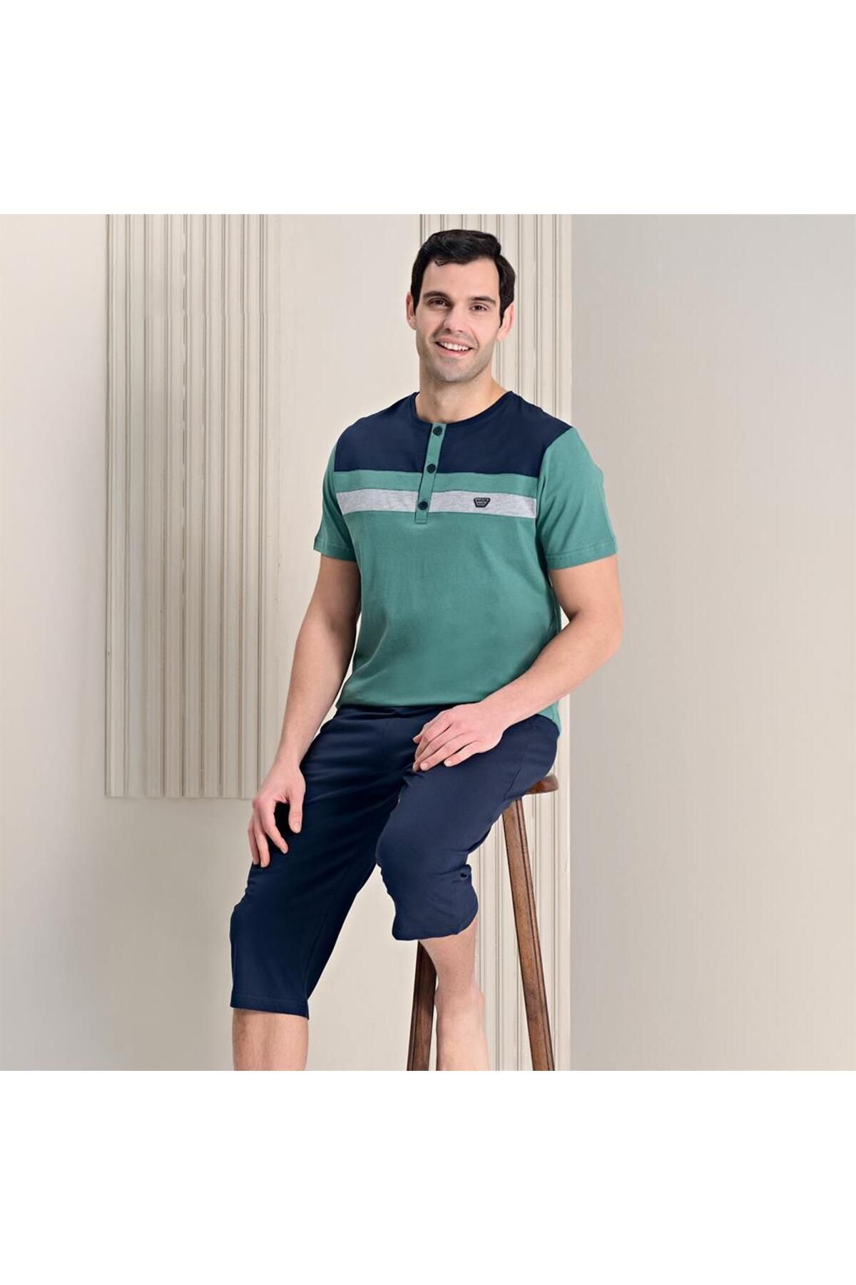 Over Sleep by Poleren Over Sleep 1766 Erkek Kısa Kol Kapri Alt Yazlık Pijama Takım
