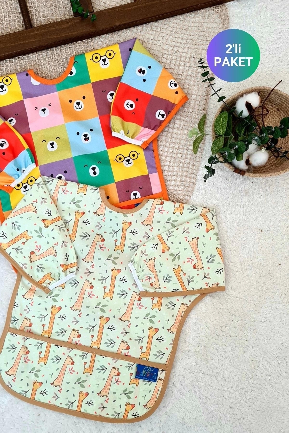 Babydonat COLOUR ve FOREST Desenli 2'li Paket Sıvı Geçirmez Unisex Aktivite ve Mama Önlüğü 6-24 Ay fotoğrafı 6 (önizleme)