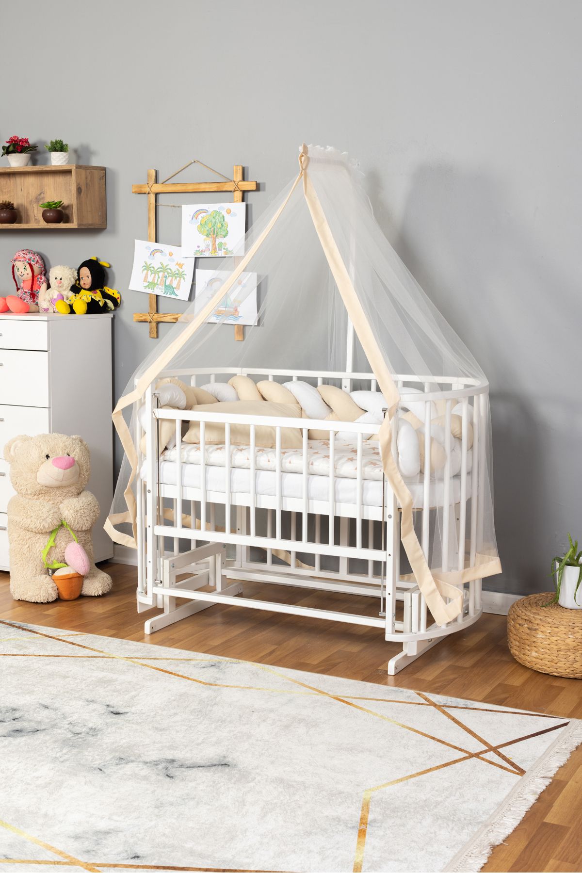 Carino Wins Ahşap Beşik Anne Yanı Yeni Doğan Papatya Beyaz Bebek Beşiği KREM ÖRGÜ UYKU SETLİ