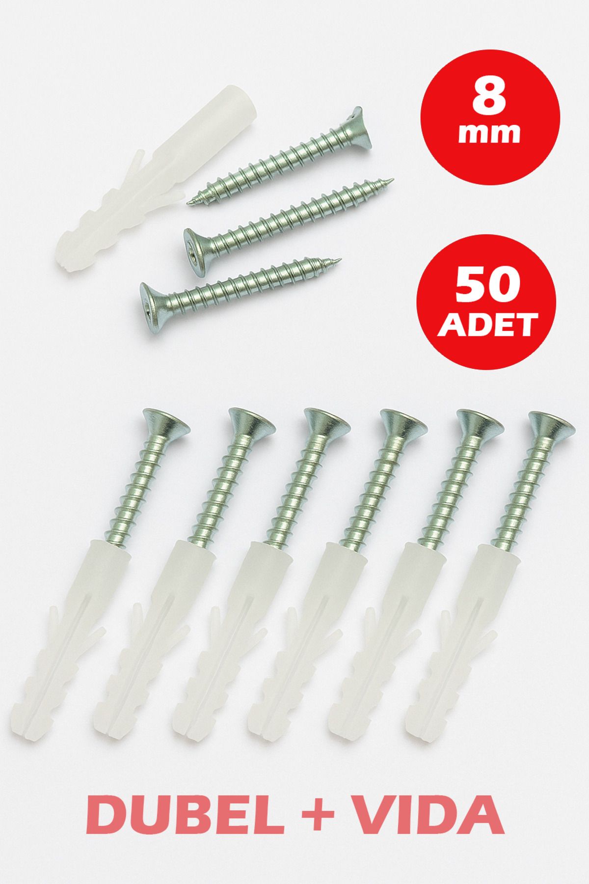 Şenzen 8mm Plastik Dübel + Vida Seti 50 Adet