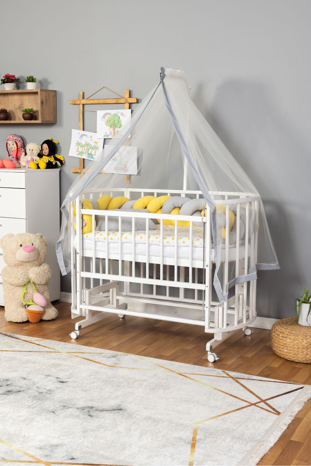 Carino Wins Ahşap Beşik Anne Yanı Yeni Doğan Papatya Beyaz Bebek Beşiği SARI GRİ ÖRGÜ UYKU SETLİ+TEKER