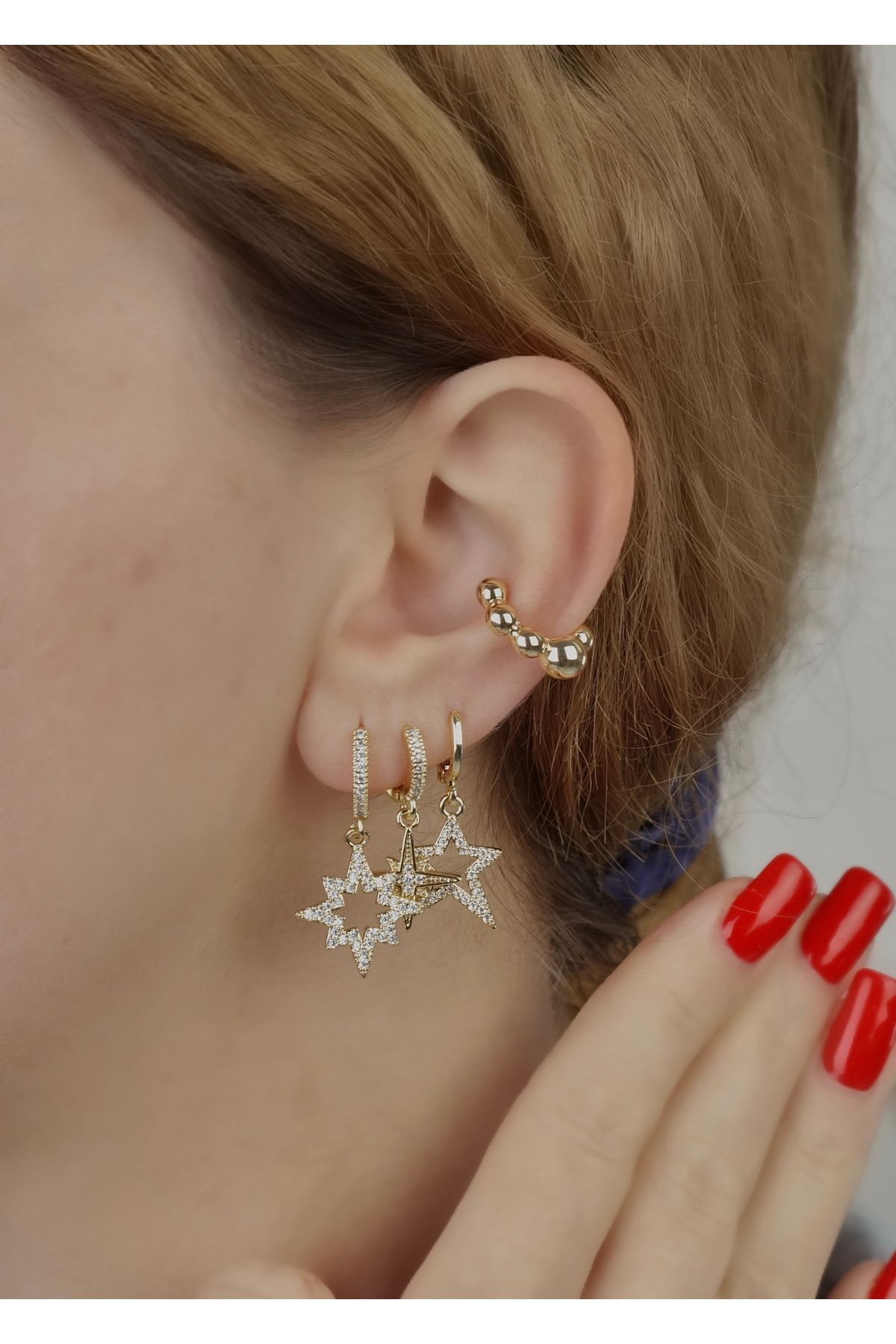 Home Sihra Accessories yıldızlı üçlü set küpe seti gold renk