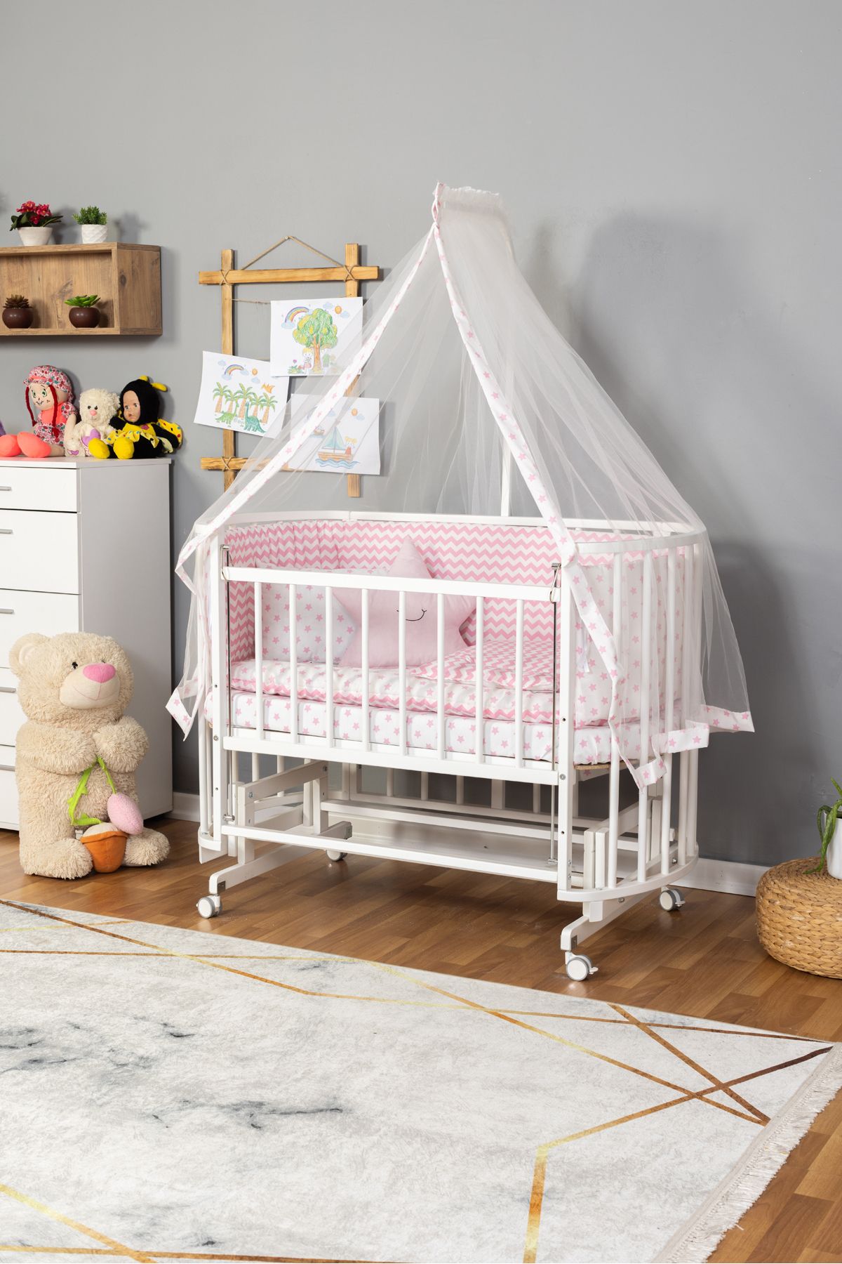 Carino Wins Ahşap Beşik Anne Yanı Yeni Doğan Papatya Beyaz Bebek Beşiği PEMBE YILDIZ UYKU SETLİ + TEKERLEK