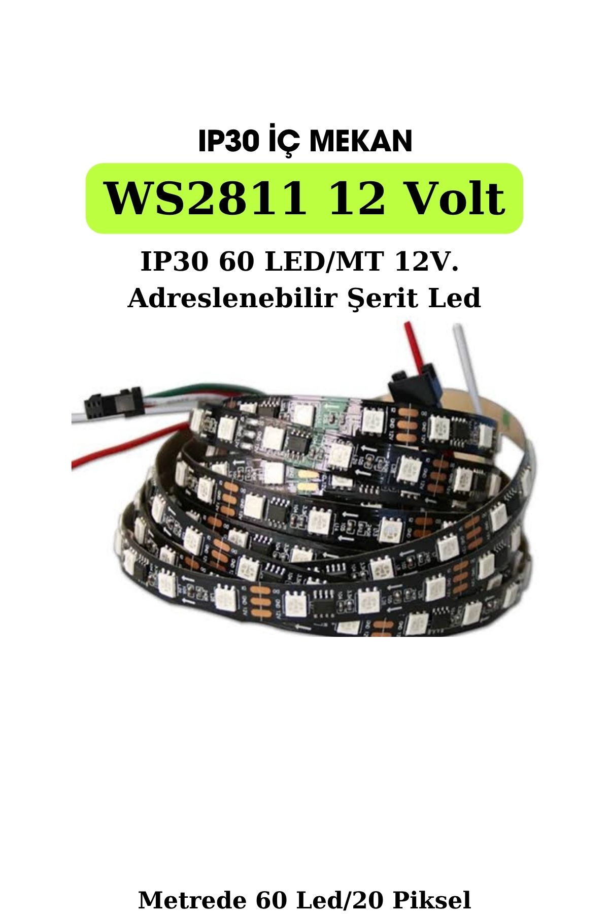 ankarateknik Ws2811 Ip30 Adreslenebilir Argb Piksel Şerit Led Metrede 60 led/20 piksel / 12volt