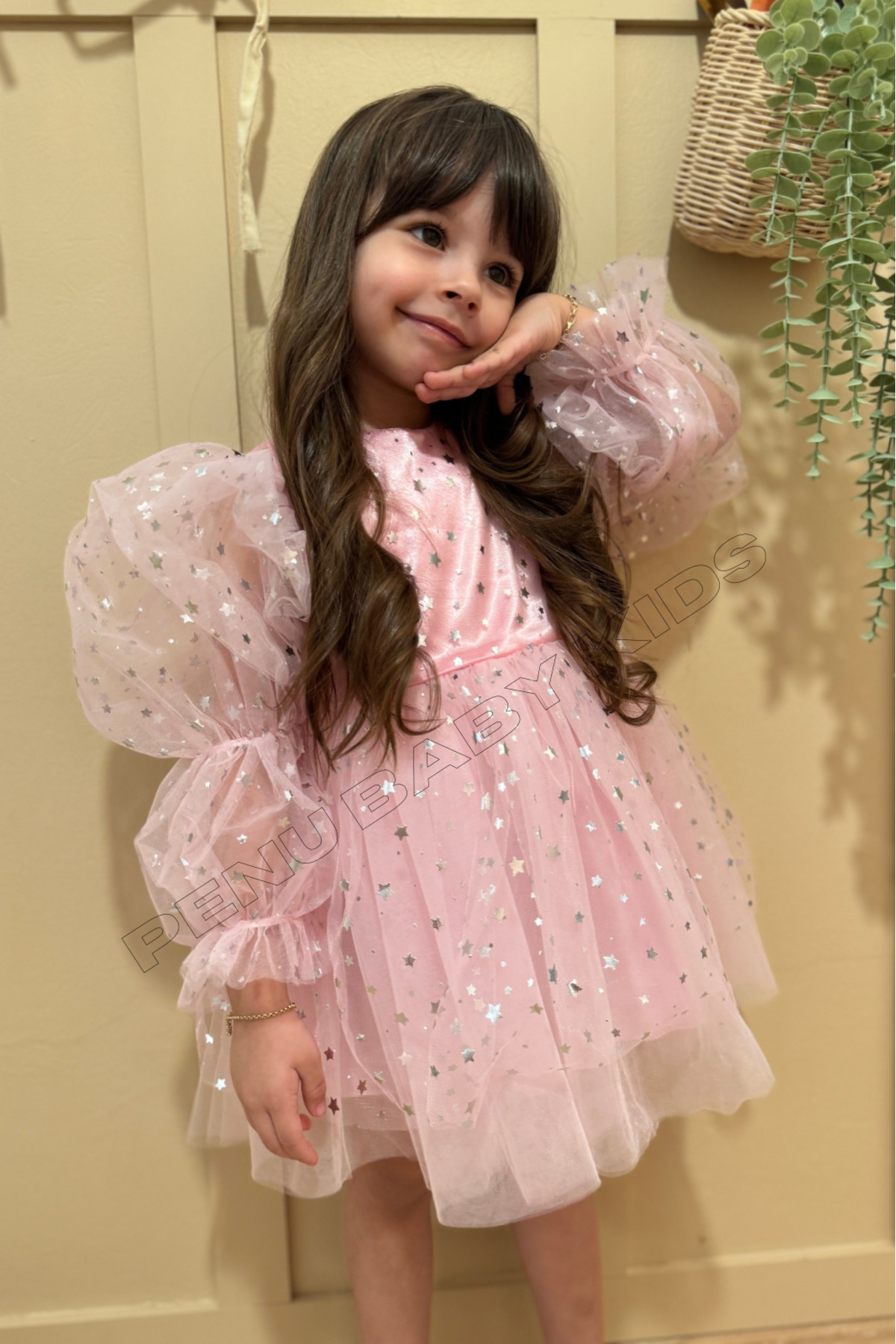penu baby kids Pembe Balon Kol Yıldızlı Tül Uzun Kol Kız Çocuk Elbise fotoğrafı 2 (önizleme)