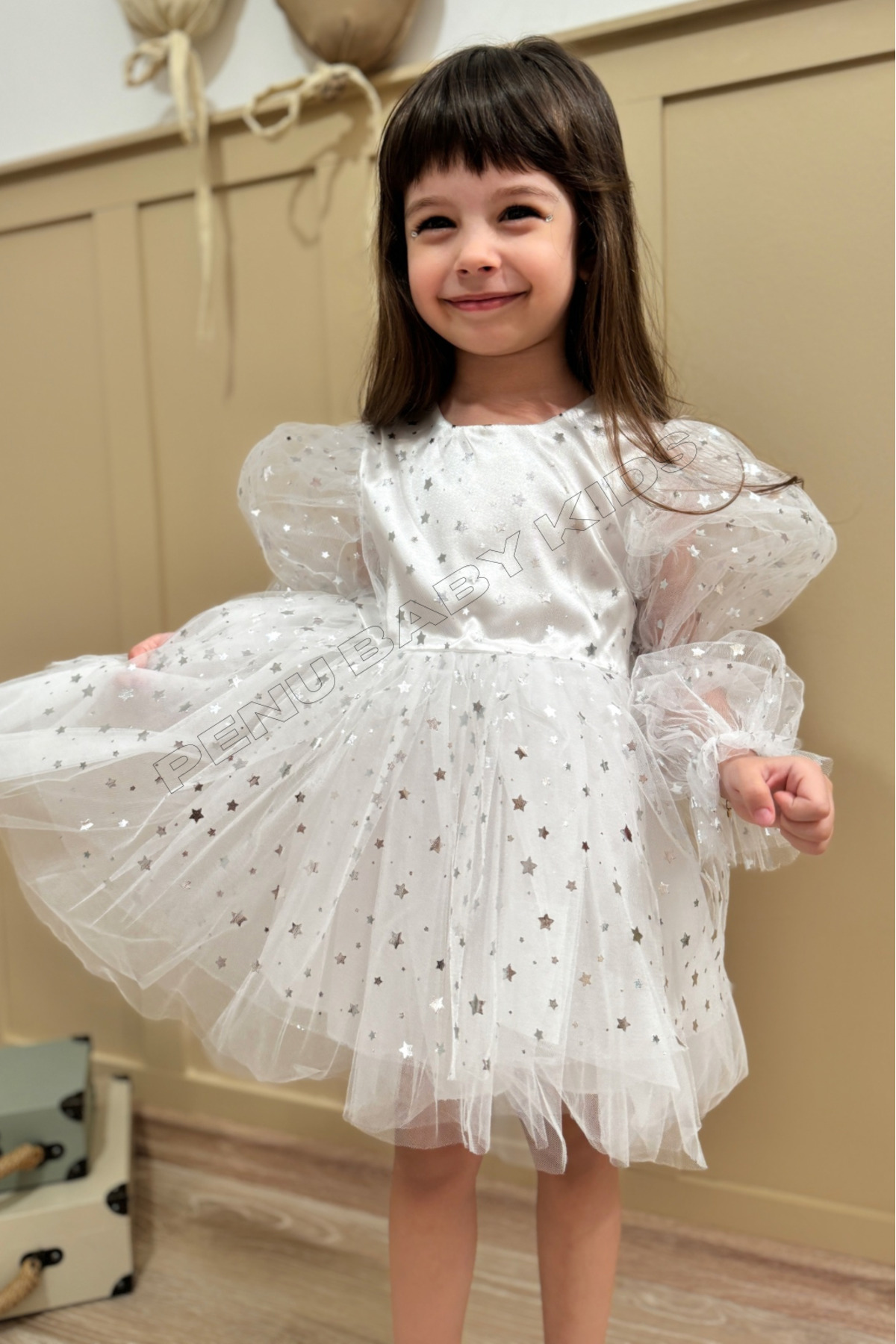 penu baby kids Beyaz Balon Kol Yıldızlı Tül Uzun Kol Kız Çocuk Elbise fotoğrafı 6 (önizleme)