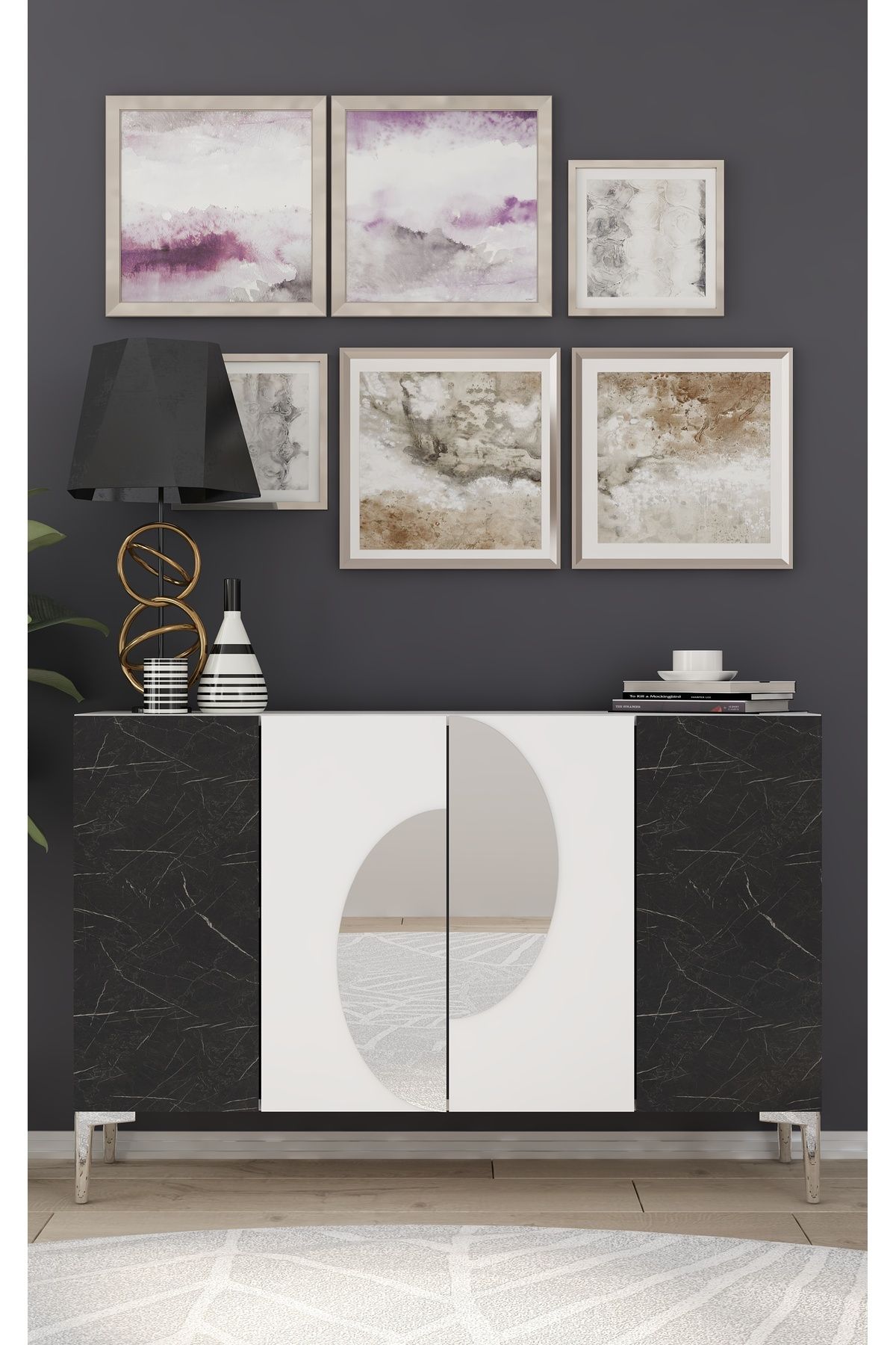DemonteHome Afradh (KM120) Konsol,çok Amaçlı Dolap Beyaz-royalmermer-gümüş