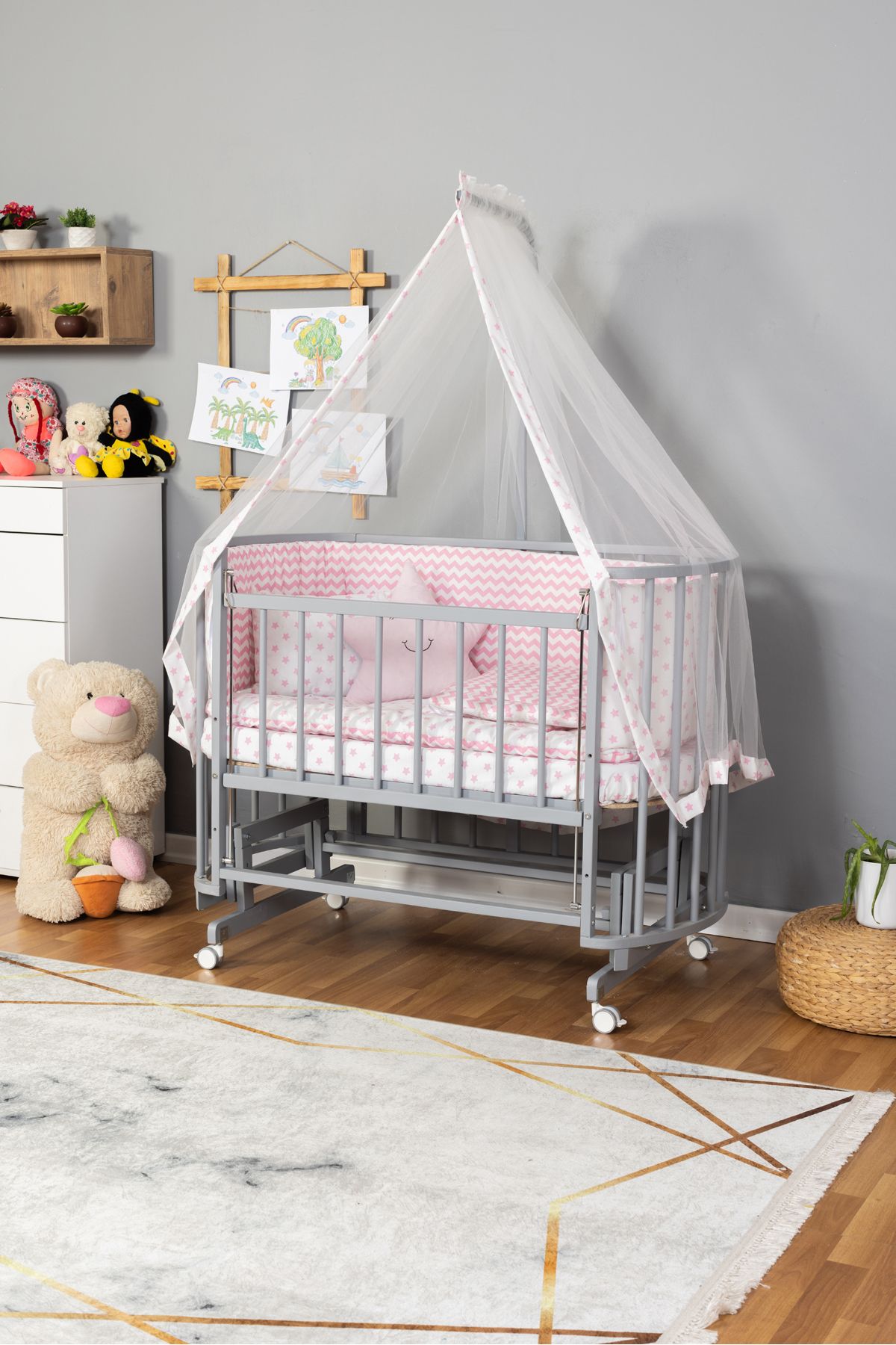 Carino Wins Ahşap Beşik Anne Yanı Yeni Doğan Papatya GRİ Bebek Beşiği PEMBE YILDIZ UYKU SETLİ + TEKERLEK